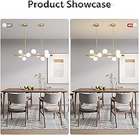 Vista 9 de BOKT Mid Century Modern Gold Rectangle Chandelier 9 Lights Globe Linear Pendant Light Fixture Ceiling Hanging Milk White Glass Round Chandelier