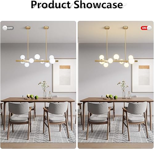 Miniatura 9 de BOKT Lámpara rectangular dorada moderna de mediados de siglo, 9 luces, globo lineal, lámpara colgante de techo, lámpara redonda de vidrio blanco