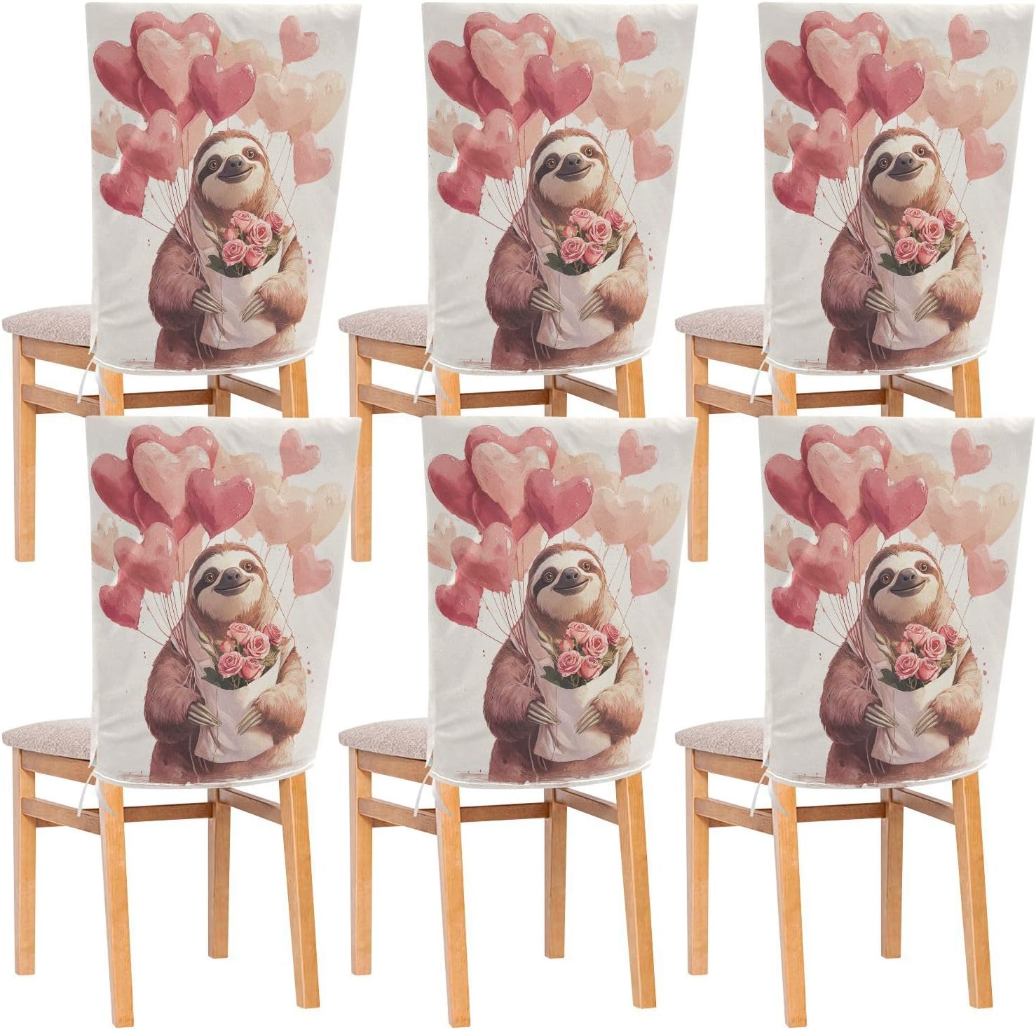ALAZA Sloth Hearts Roses Chair Back Cover Set of 6, Washable Reusable Removable Chair Slipcovers Decorative Chair Cover for Home Kitchen Wedding Party