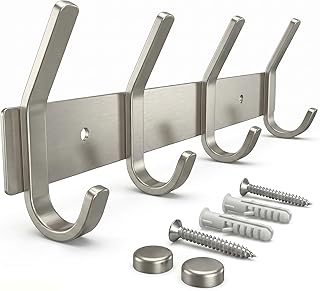 Coat Rack Wall Mount – Brushed Nickel 12 Inch Stainless Steel Hook Rail with 4 Heavy Duty Double Coat Hooks – Wall Mounted Coat Hanger for Entryway, Bathroom, Bedroom, Towel, Hat Organizer