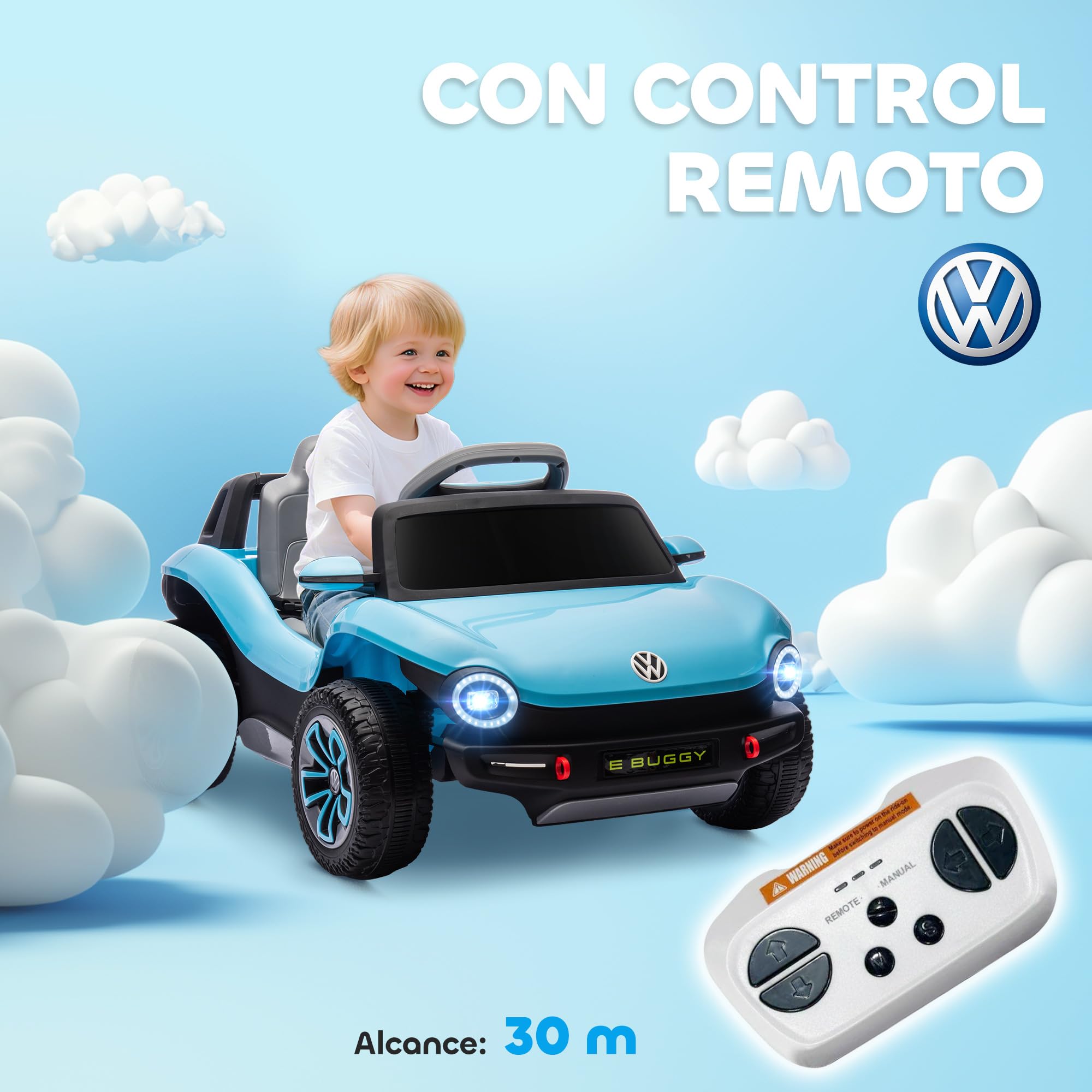 AIYAPLAY Coche Eléctrico para Niños de +3 Años, Volkswagen E-Buggy, Coche de Batería 12V, con Mando a Distancia 2,4 G, Ruedas con Suspensión, Faros LED, Música, USB, Motor Doble, Azul