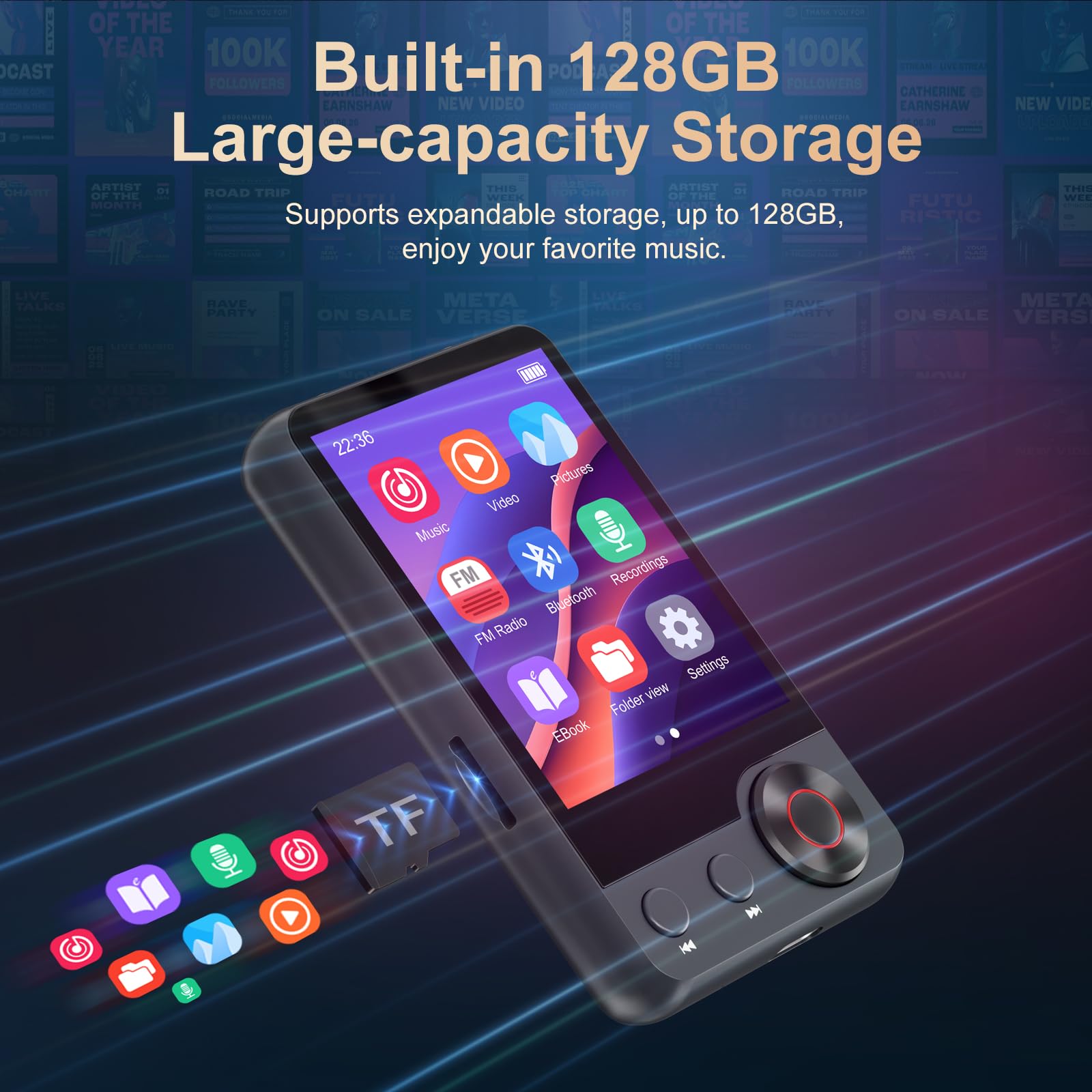 128GB Lettore MP3 con Bluetooth 5.3, Oilsky Lettore Musicale Portatile Touchscreen 2,4" con Altoparlante, MP3 con Radio FM, Registrazione Vocale, Auricolare (Grigio)