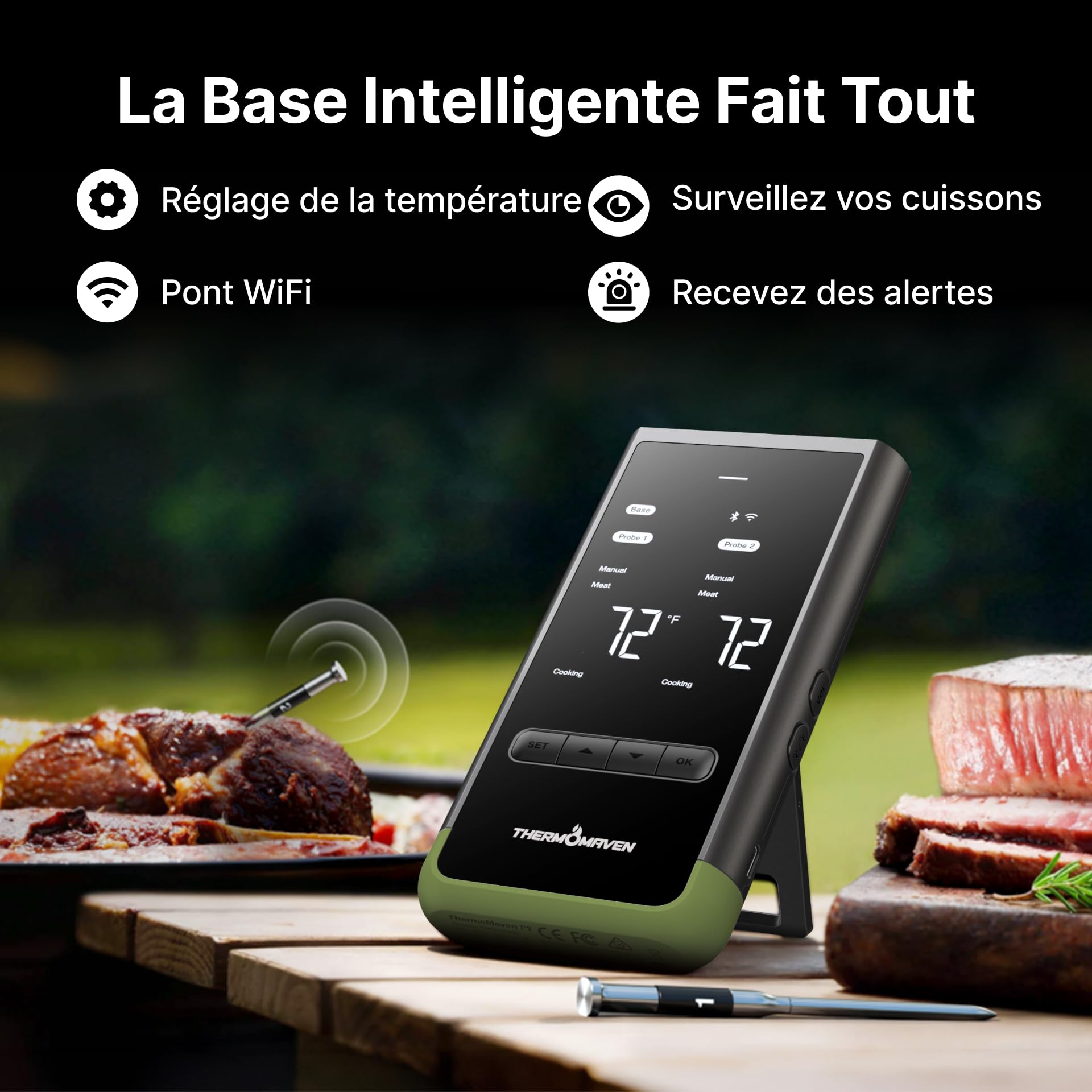 ThermoMaven Thermomètre à viande intelligent sans fil Bluetooth : base autonome, WiFi à portée illimitée, 6 capteurs avec précision certifiée NIST, 2 sondes pour cuisine, barbecue, barbecue, four