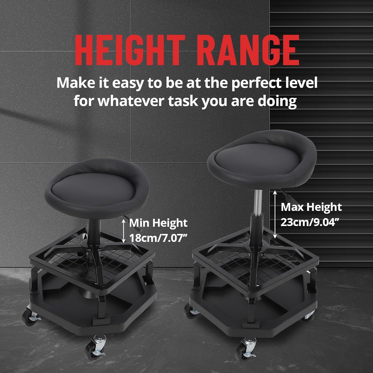 Rolling Garage Stool with Wheels, Mechanic Stool Adjustable Height, 360°Swivel, 300 LBS Capacity, Heavy Duty Garage, Durable Casters Rolling Shop Stool, Workshop