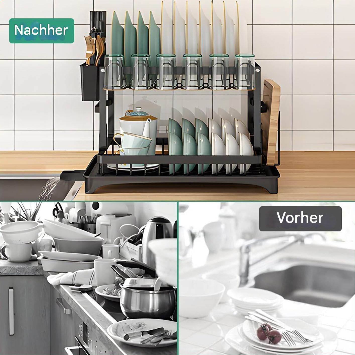 Secador de cocina - 2 niveles con soporte para utensilios y espacio de almacenamiento, escurridor para encimera de cocina, para organización del fregadero de casa, apartamento, residencia