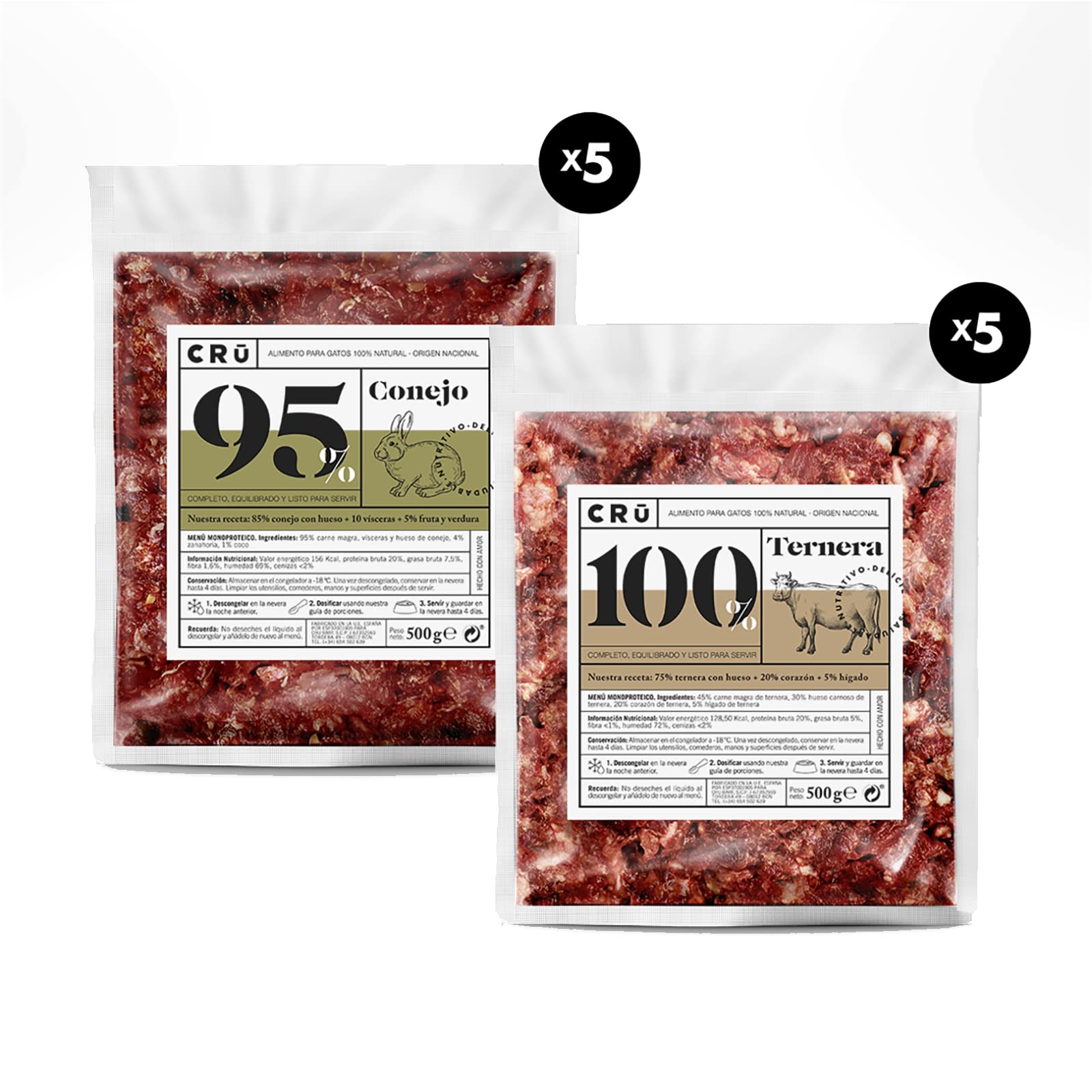 CRU - Comida Natural cruda monoproteica para Gatos. Menú Barf. Congelado - Caja Personalizable de 10 Paquetes Variados de 500g (Conejo + Ternera)