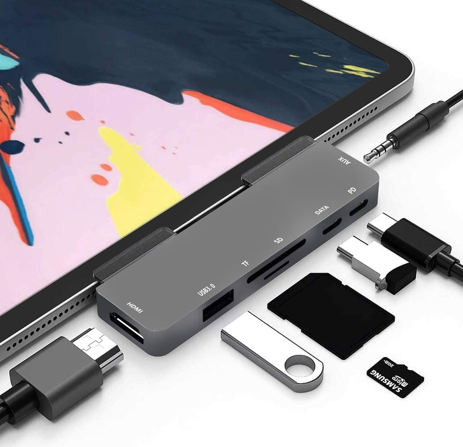 iPad Pro USB C Hub, NewBEP 7-in-1 Hub Adapter for iPad Pro, iPad Air 4, USB C Computer, with 4K HDMI, 60W USB-C PD Fast Charging, 3.5mm Headphone Jack & Type C Data, USB 3.0, SD/TF Card Reader