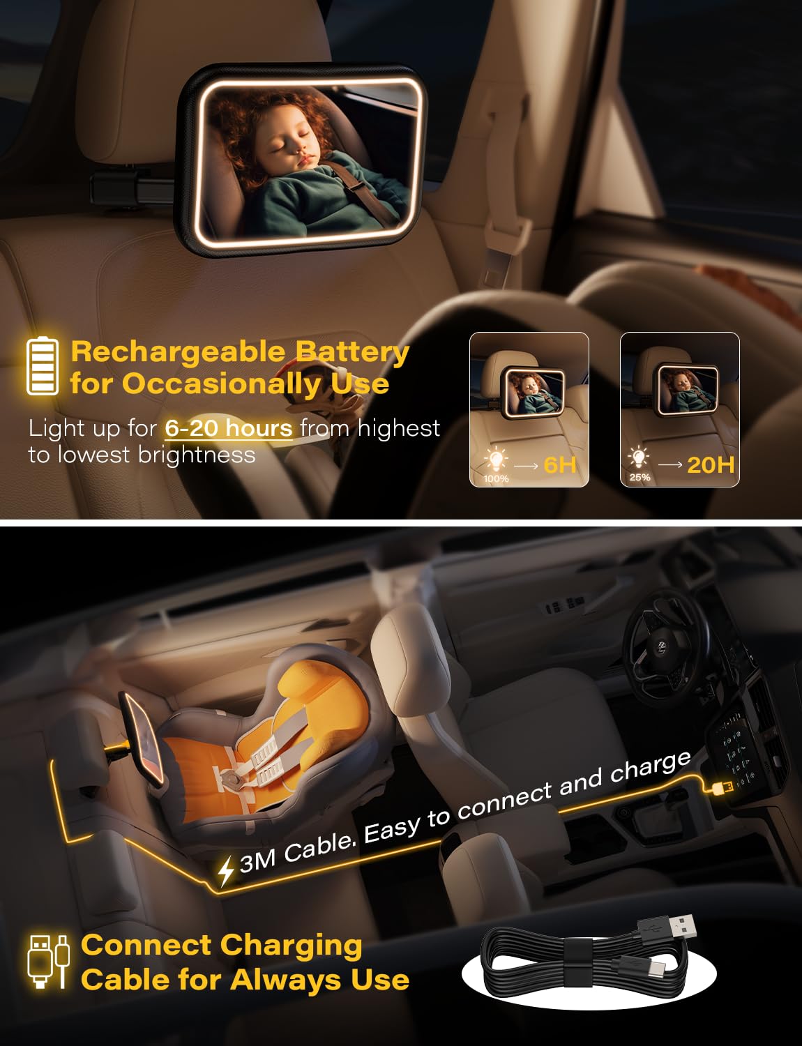 TAZENI Espejo de coche para bebé con luz para bebé, recargable, 2000 mA, espejo de bebé para asiento de coche, gancho trasero, diseño de clip, espejo de asiento de coche para parte trasera del bebé