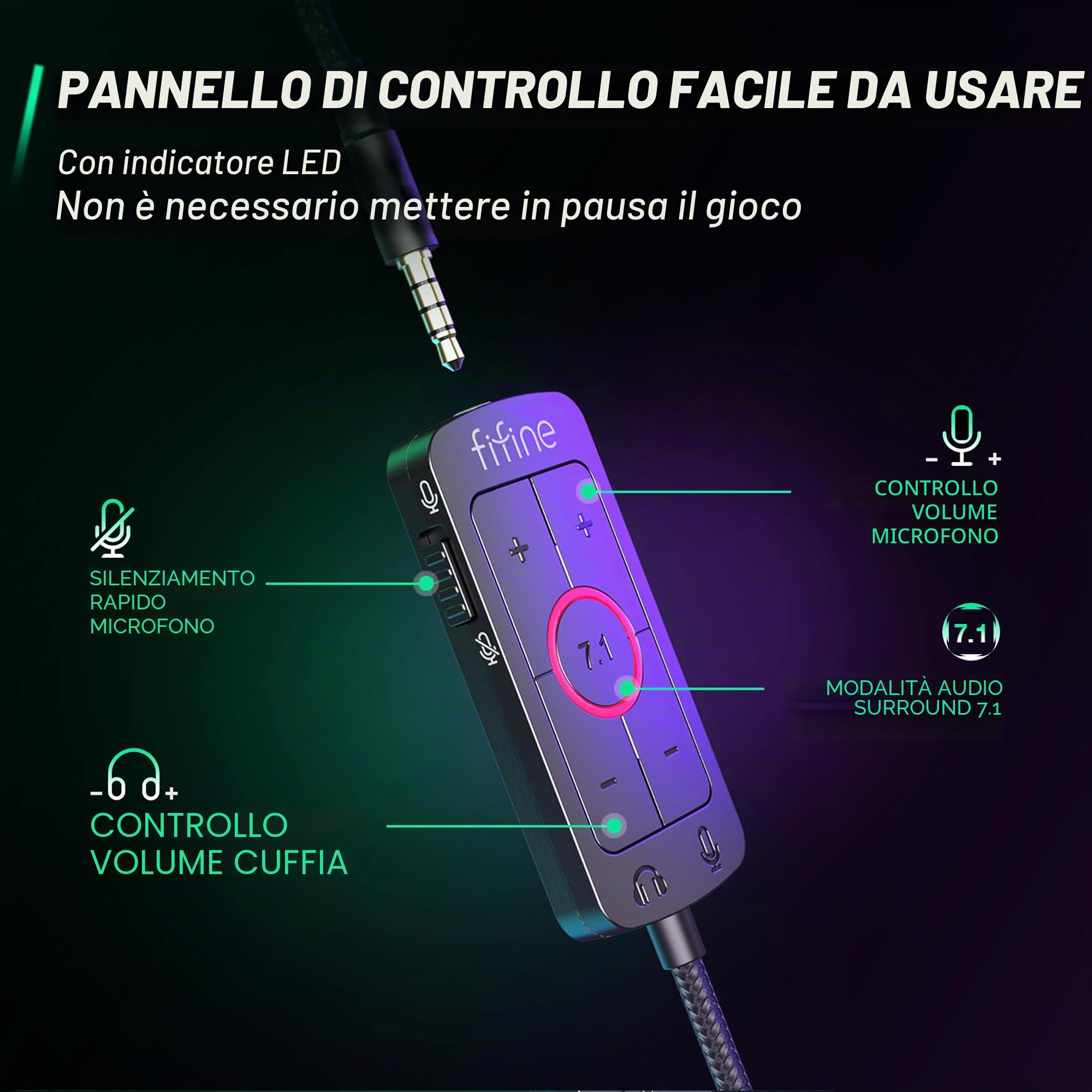 FIFINE Cuffie Gaming con Microfono, Cuffie Over-Ear con Cavo, Cuffie USB per PC PS4 PS5 Xbox Switch, Cuffie RGB con Audio Surround 7.1 e Cuscinetti Auricolari