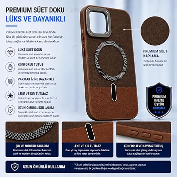 Ehr. iPhone 15 Pro Max ile Uyumlu Magsafe Wireless Şarj Özellikli Mat Süet Deri Nakışlı İçi Kadife Silikon Arka Kapak (Kahverengi, iPhone 15 Pro Max)