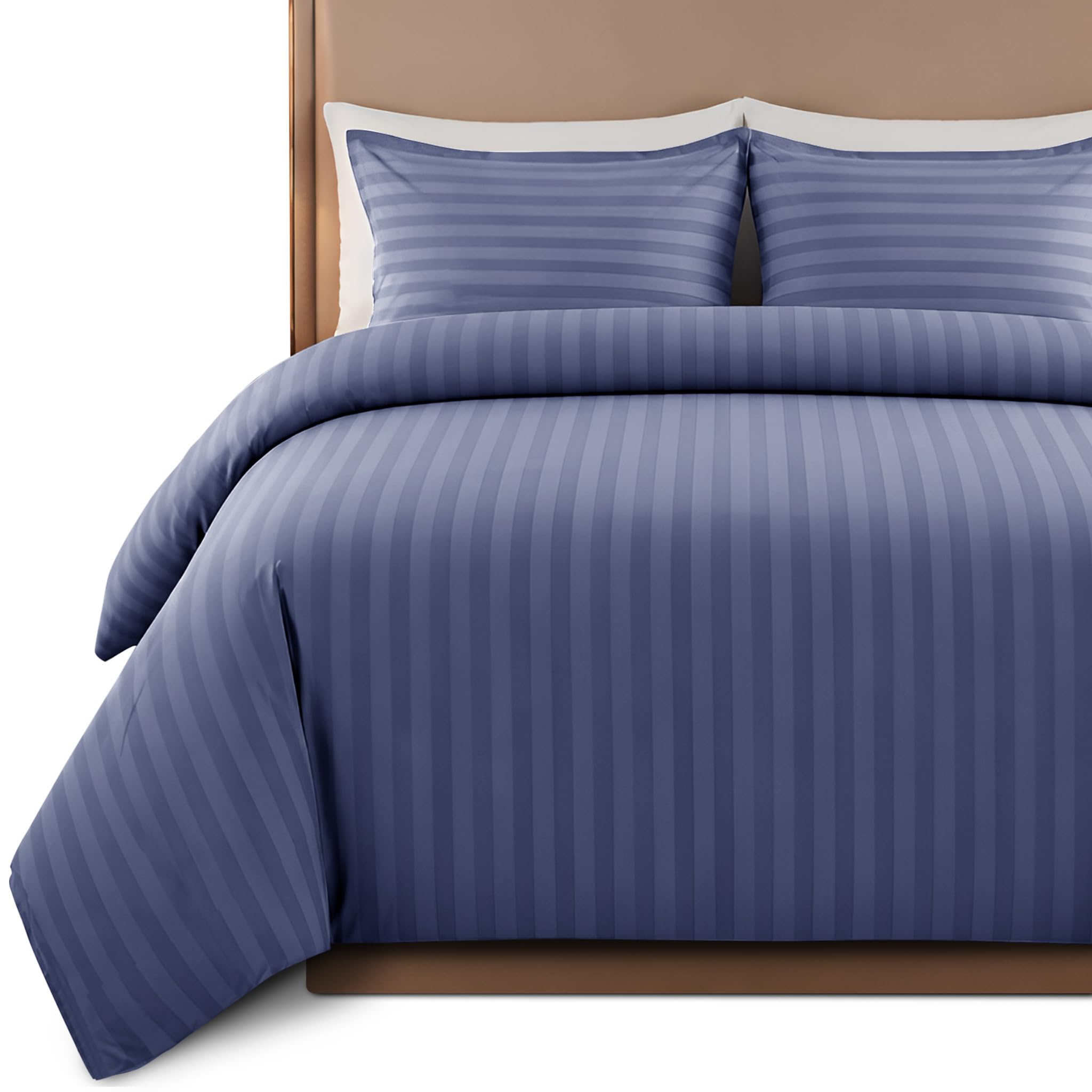 Hafaa Satin Stripe King Size Duvet Cover Sets Washed Blue - Premium Hotel Quality Quilt Cover Bedding Sets - Hypoallergenic Ultra Soft Brushed Microfiber Bed Linen โ image 1