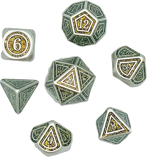 Miniatura 2 de Dados de metal de Elvenkind - Dados de mazmorras y dragones - Verde Multicolor con metal plateado perla