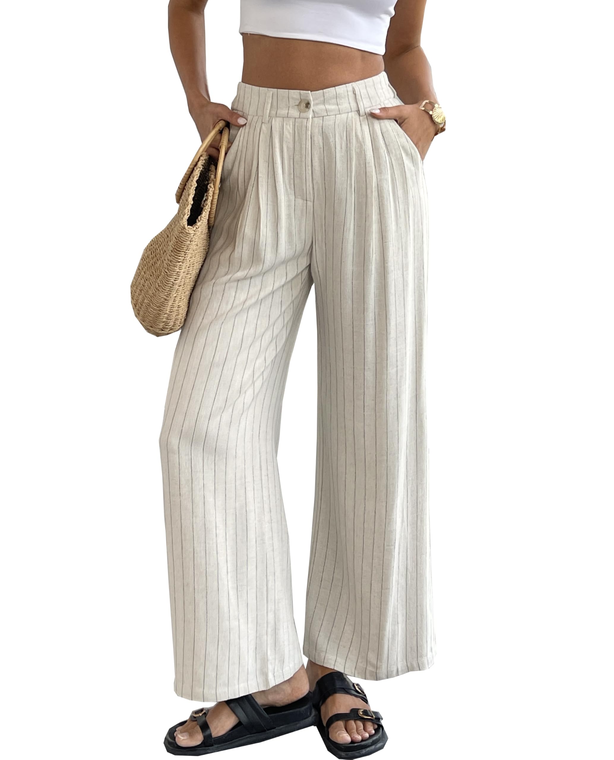 heipeiwa Womens Linen Pants Striped Culottes Summer Wide Leg Trouser Dress Casual Capris