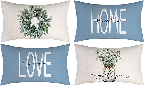 Juego de 4 fundas de almohada de 12 x 20 pulgadas, color azul, fundas de cojín decorativas para sofá, sala de estar, decoración del hogar al aire