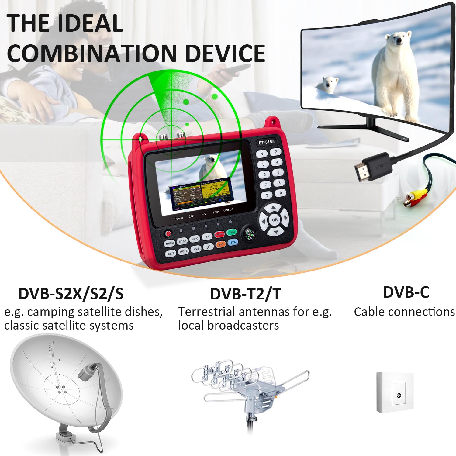 ST-5155 Pointeur Satellite DVB-S2/S/S2X/T2/T/C Combo, Détecteur de Signal TV par Satellite H.264/265 10bit, Recepteur Satellite avec Unicable/Scr/Dcss