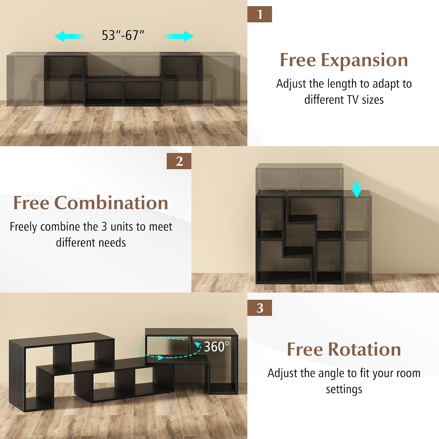 DREAMADE 3 Piece TV Stand, Modular TV Console with Bookshelves, Free Combination w/Storage Cubes for 50 to 65 Inch TV, Modern Entertainment Center for Living Room, Bedroom (Black Wood Grain)
