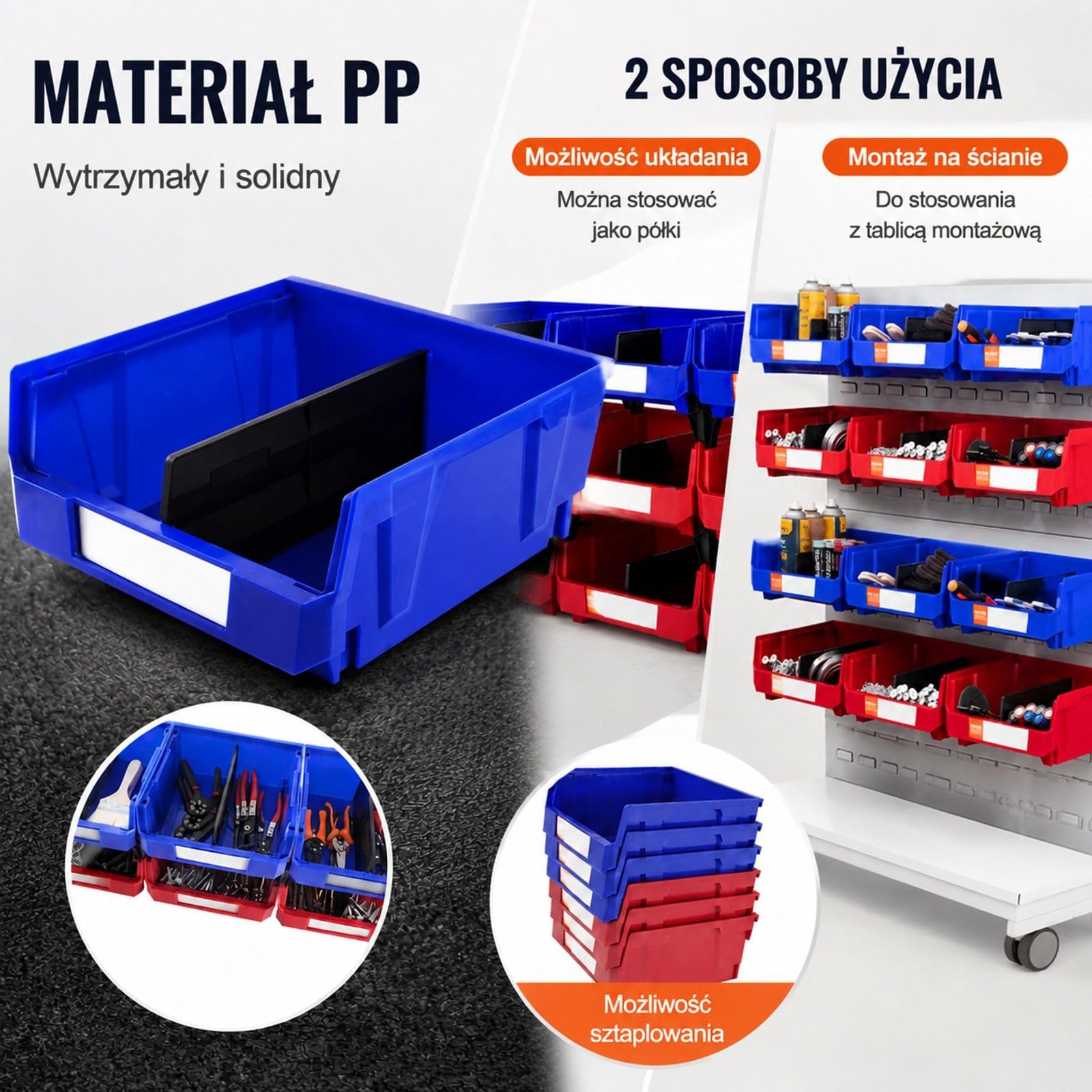 Zestaw 6 plastikowych pudełek do przechowywania, składanych, niebieskich i czerwonych, z otwartym przodem do regału