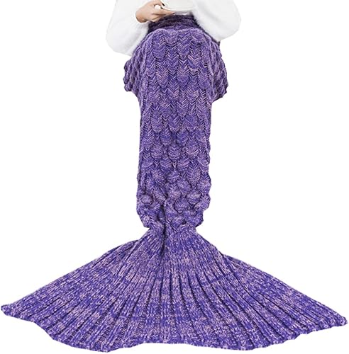 Manta de cola de sirena con patrón de escamas de pescado para niñas y mujeres en el sofá sala de estar saco de dormir púrpura tamaño niño