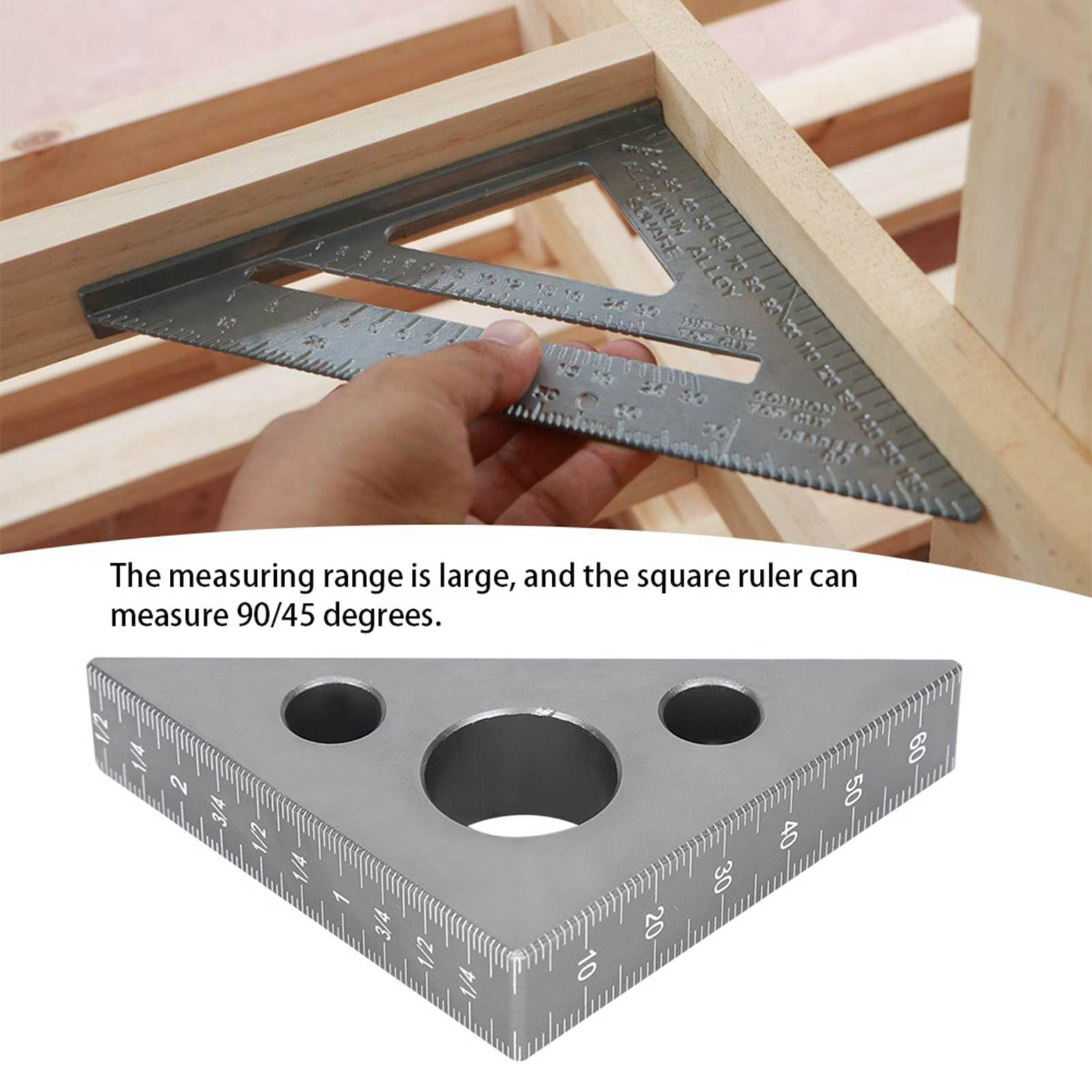 Righello Triangolare in Lega di Alluminio con Finitura Satinata, Calibro ad Angolo retto 45/90 Gradi, Dimensioni compatte
