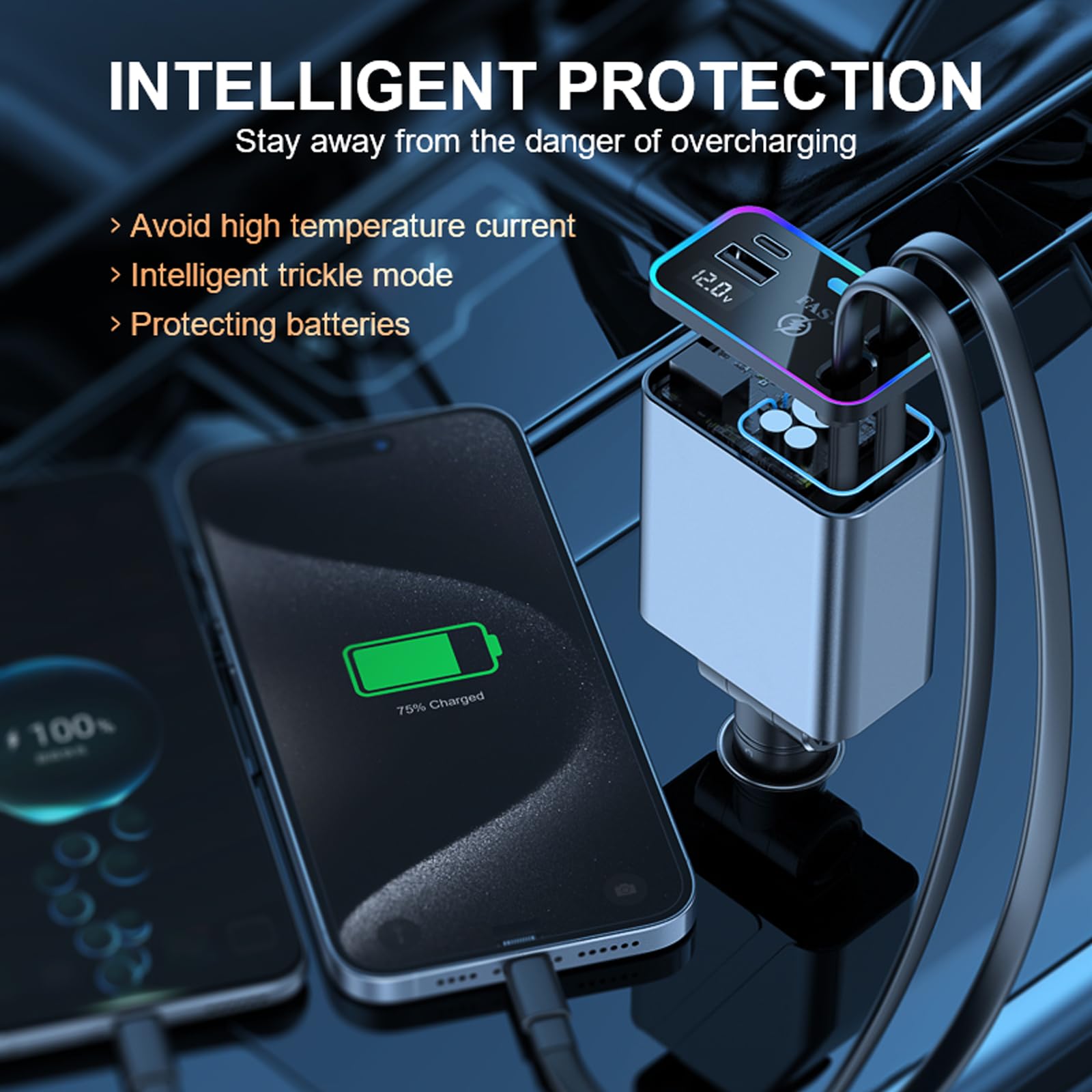 Thlevel 66W Chargeur de Voiture Rétractables USB C 12V avec Double Câbles | et Voltmètre LED Compatible avec iPhone Huawei pour 12V/24V Caravane Camping-Car Bateau