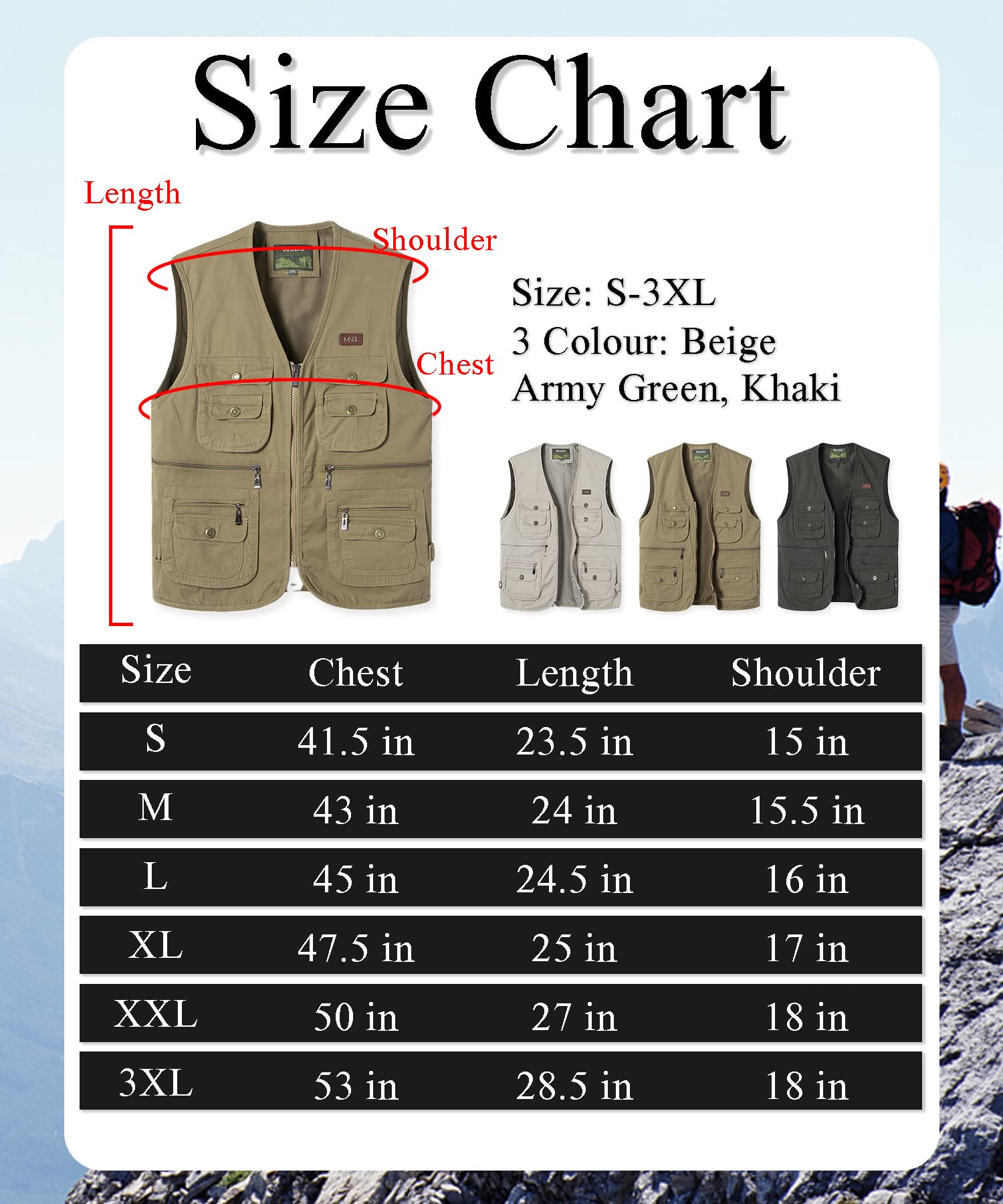 Chaleco de Pesca para Hombre con Multibolsillos Chaleco de Fotografia Caza Algodón Chaquetas sin Mangas Tipo Safari