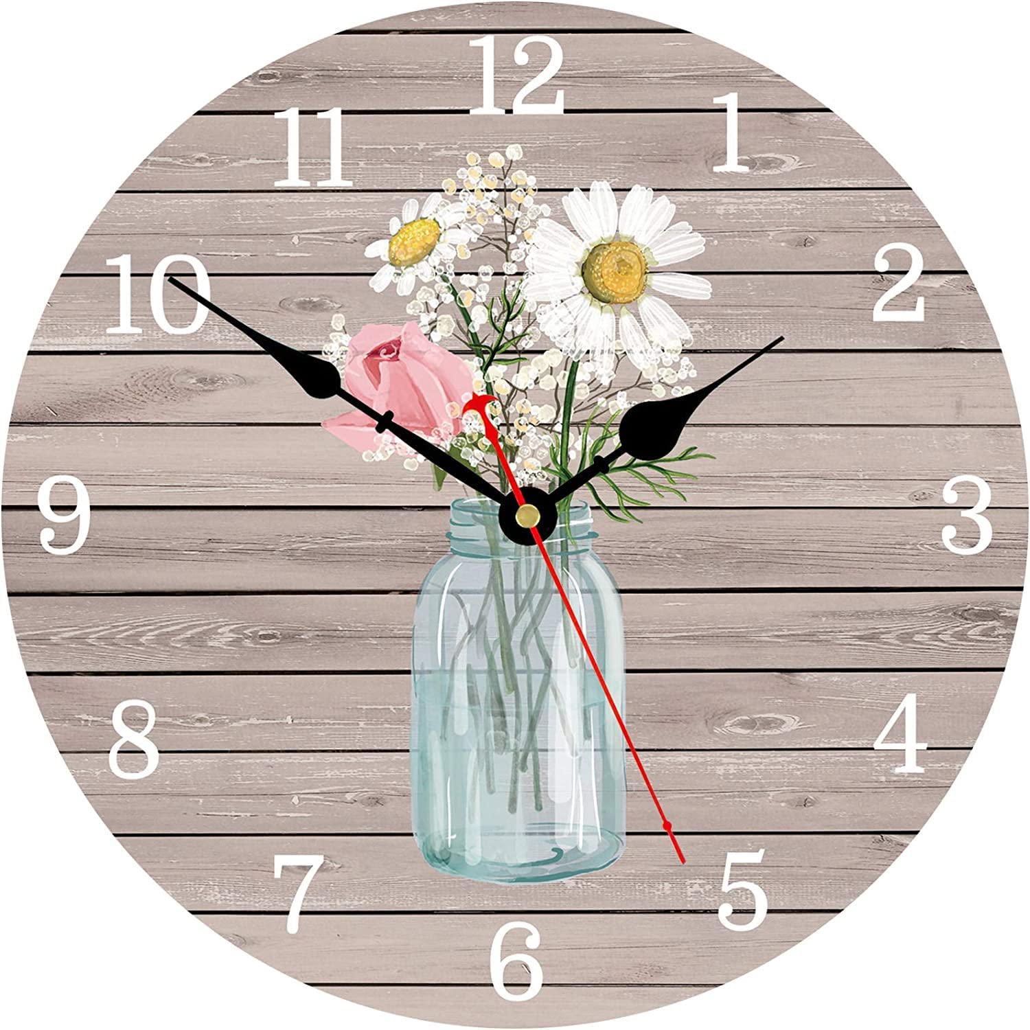 Toudorp Large Wooden Kitchen Wall Clock, 12 Inch Unusual Flowers in Bottle Clocks, Vintage Shabby Chic Silent Battery Wall Clocks for Living Room Bedroom Bathroom Office