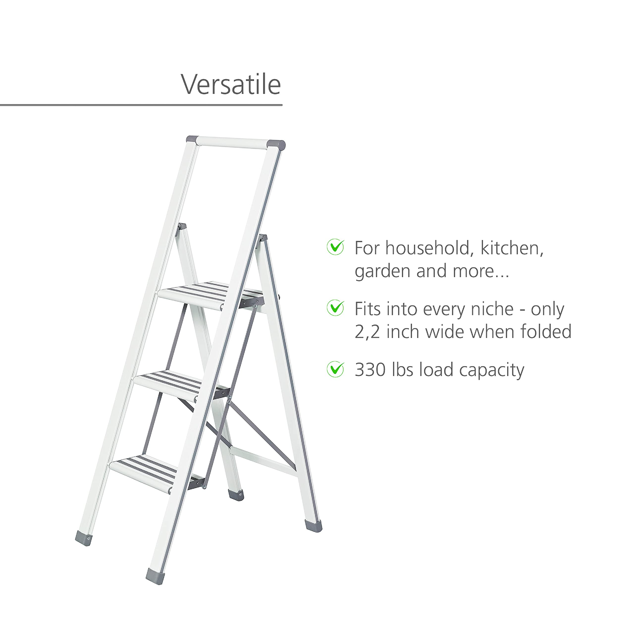 WENKO Escabeau 3 marches Design | Marches antidéparantes | Echelle légère et Pliante | Hauteur 75 centimètres|Ultra Fin| Aluminium | 44 x 119 x 5.5 cm | Blanc