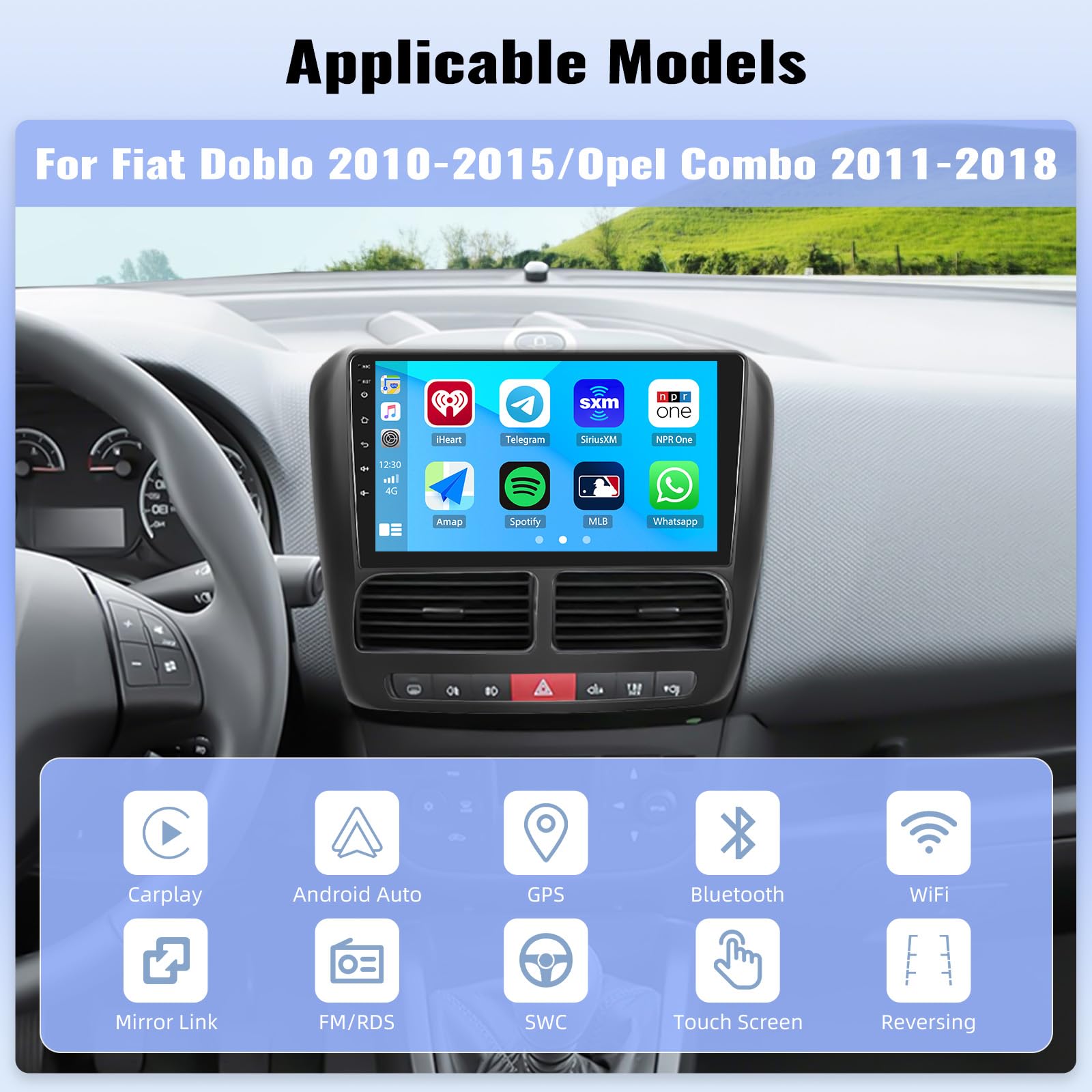 OiLiehu 6+128GB 8 Núcleos Android 13 2 DIN para Fiat Doblo 2010-2015/Opel Combo 2011-2018 CarPlay Android Auto Pantalla Radio Coche 9 Pulgadas Bluetooth GPS FM RDS WiFi SWC DSP/EQ