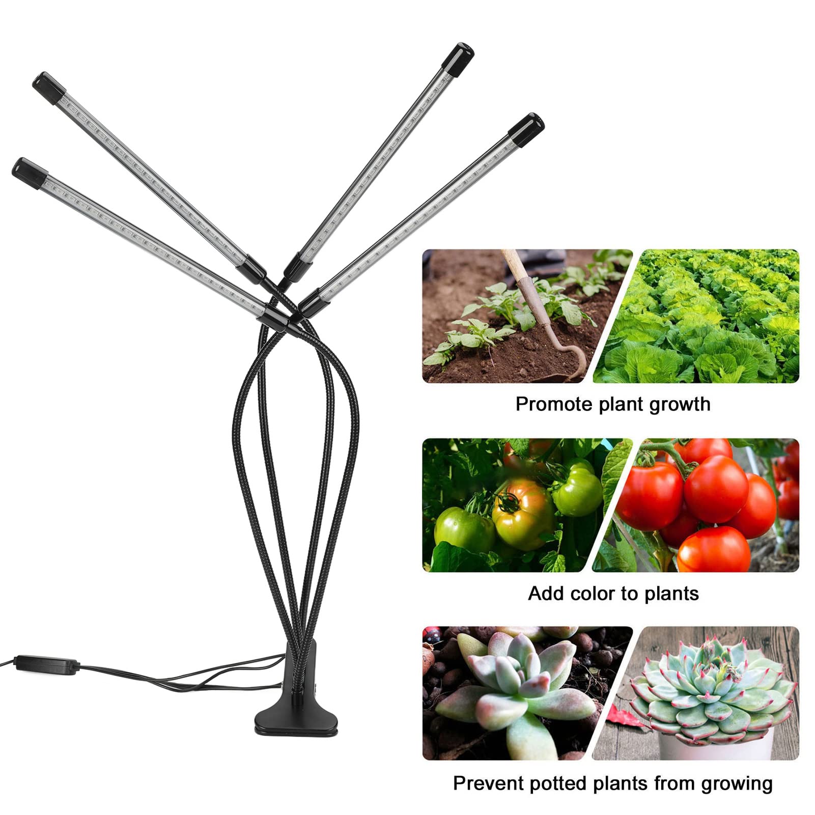 Plant Grow Light, 4 głowice Full Spectrum Growing Light 40W 3 ściemnialne poziomy Lampa LED do roślin z zaciskiem i zegarem do roślin domowych