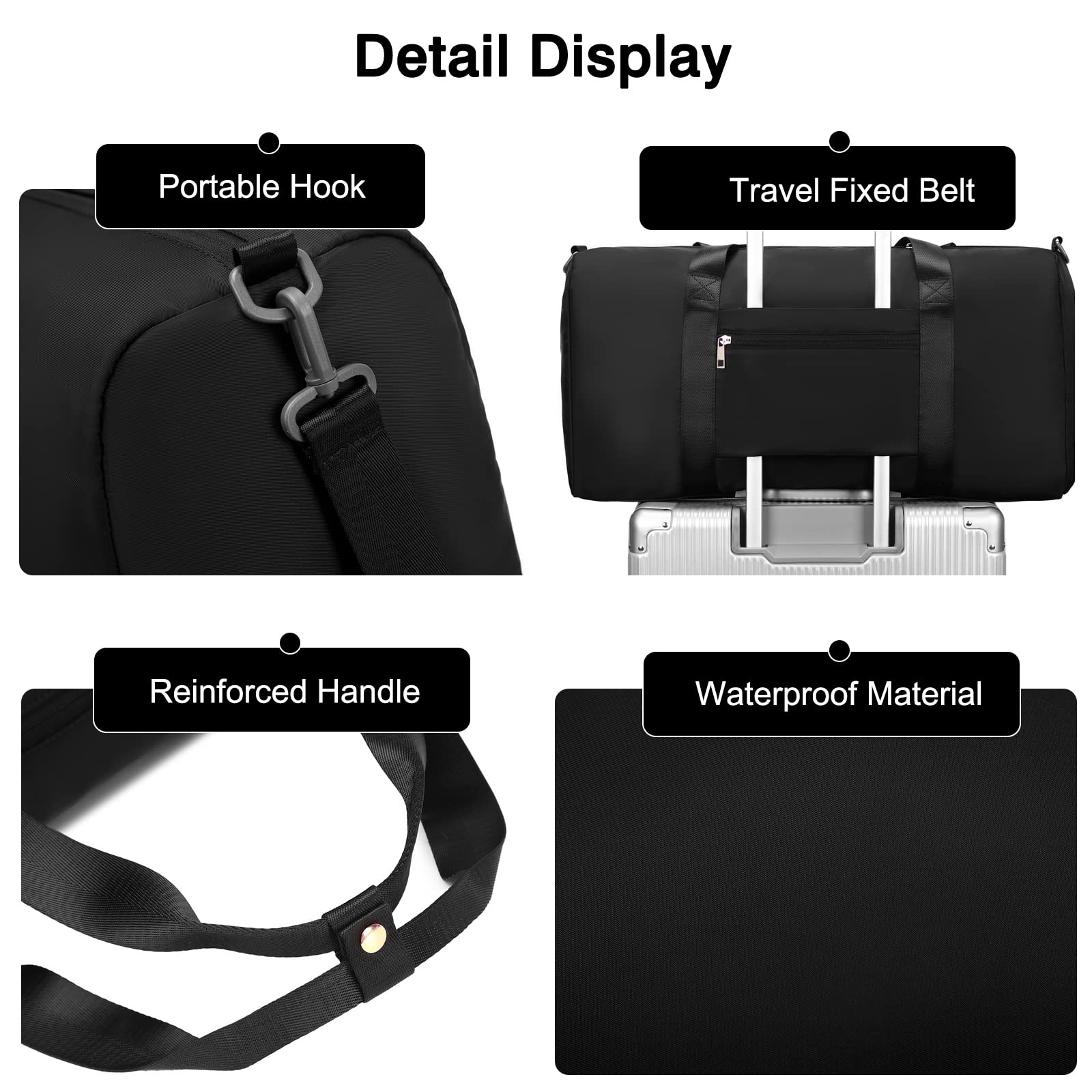 FANDARE Damen Reisetaschen Herren Klassische Sporttaschen Handgepäck mit Kosmetiktasche Weekender Umhängetasche Übernachtung Kliniktasche Schwimmtasche Trainingstasche Tote Bag Schwarz