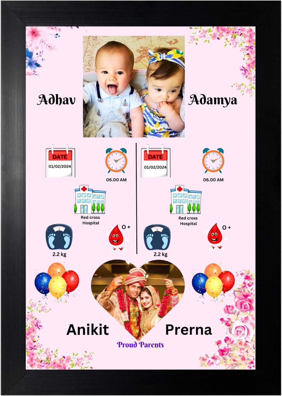 Twins child birthday Photo Frame 18x12 Inch,New born Baby photo, Twins photos, anniversary gift, birthday gift.