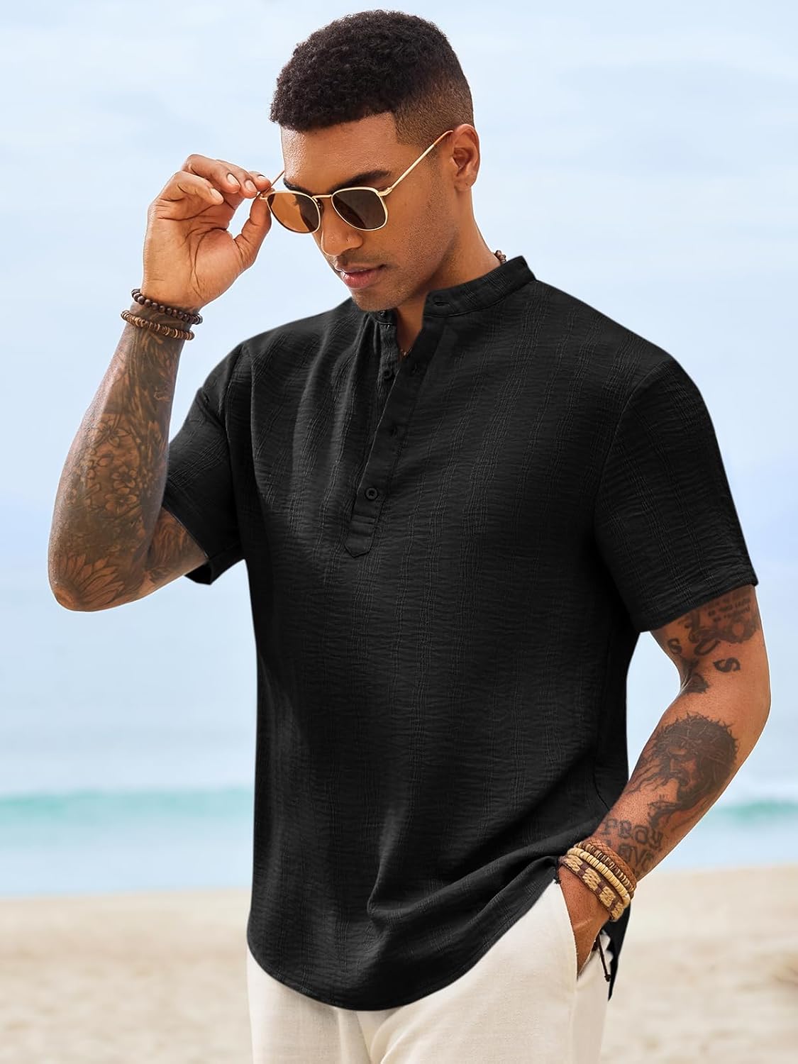 Runcati Mens Casual Henley Shirt Short Sleeve Band Collar Textured Shirts Summer Beach Hippie T-Shirts - Image 3