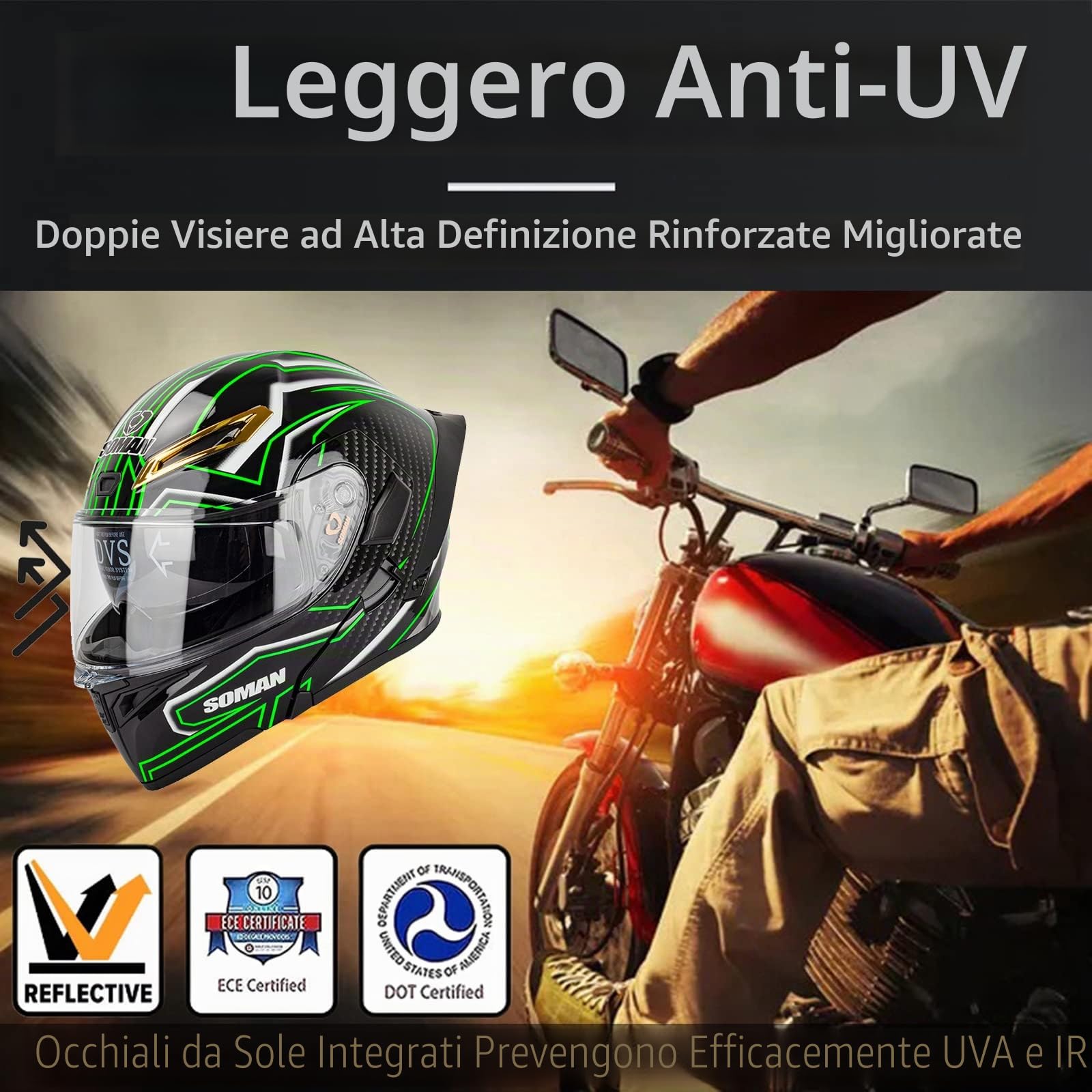 Casco Modulare Moto con Doppia Visiera Casco Moto Integrale Omologato ECE con Visiera Doppia Antigraffio Caschi Moto Modulari Uomo e Donna, Nero Verde-M
