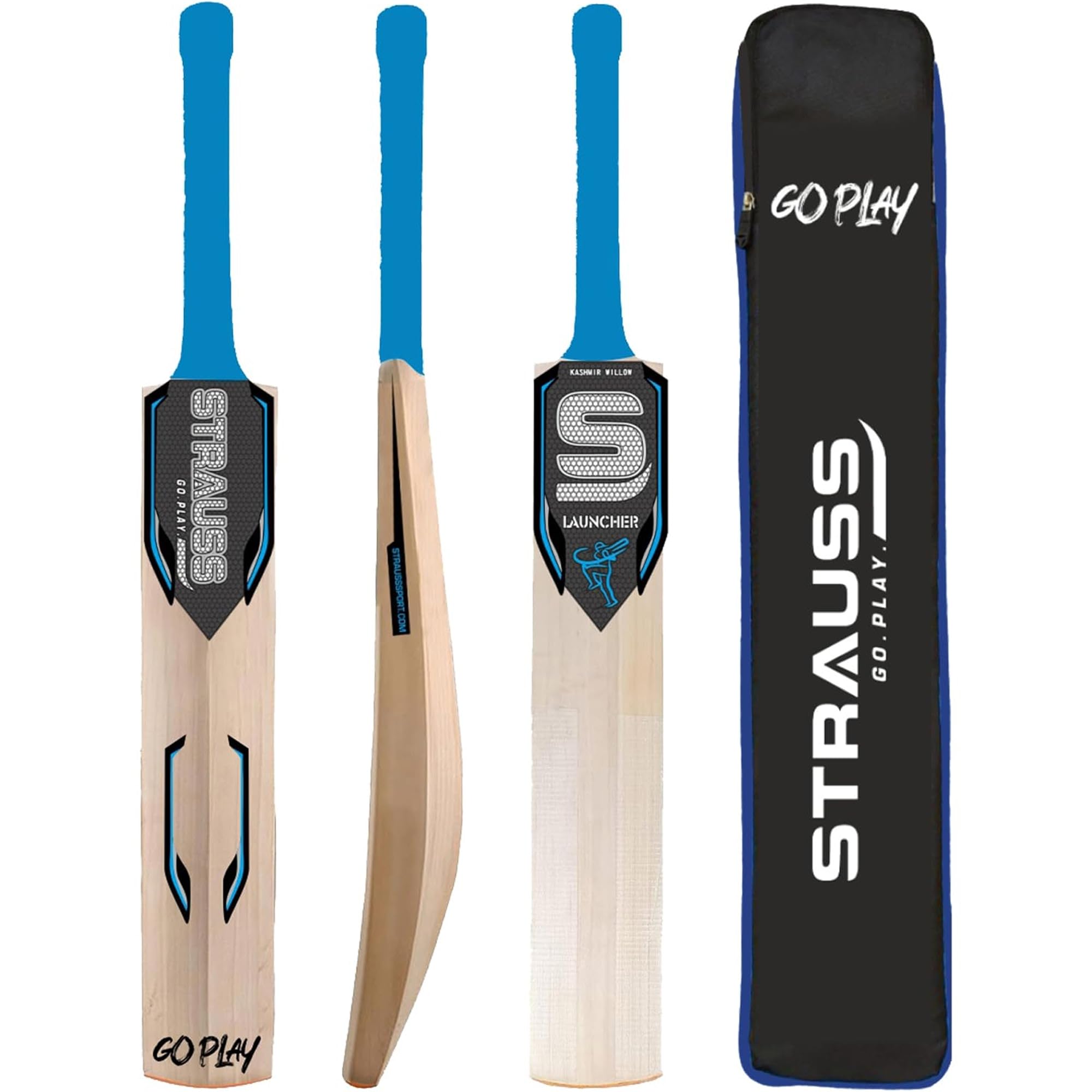 STRAUSS Launcher Kashmir Willow Cricket Bat | Size: Short Handle (SH) | Suitable Only for Tennis Ball | Age Group 13+ yrs | for Youth/Adults | Anti Scuff Sheet & Bat Cover | Blue | (1050-1200 Grams