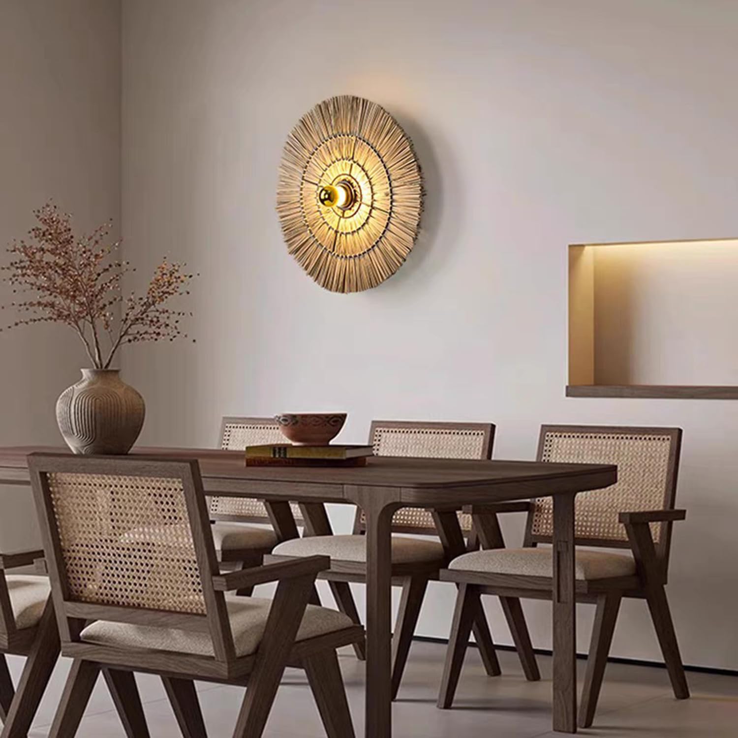 Boho Kinkiet okrągły 40 cm Rustykalny kinkiet wewnętrzny z ręcznie tkanym abażurem E27 Vintage Lampa Lampka nocna Kinkiet 3000K Ciepłe światło do sypialni, salonu, przedpokoju