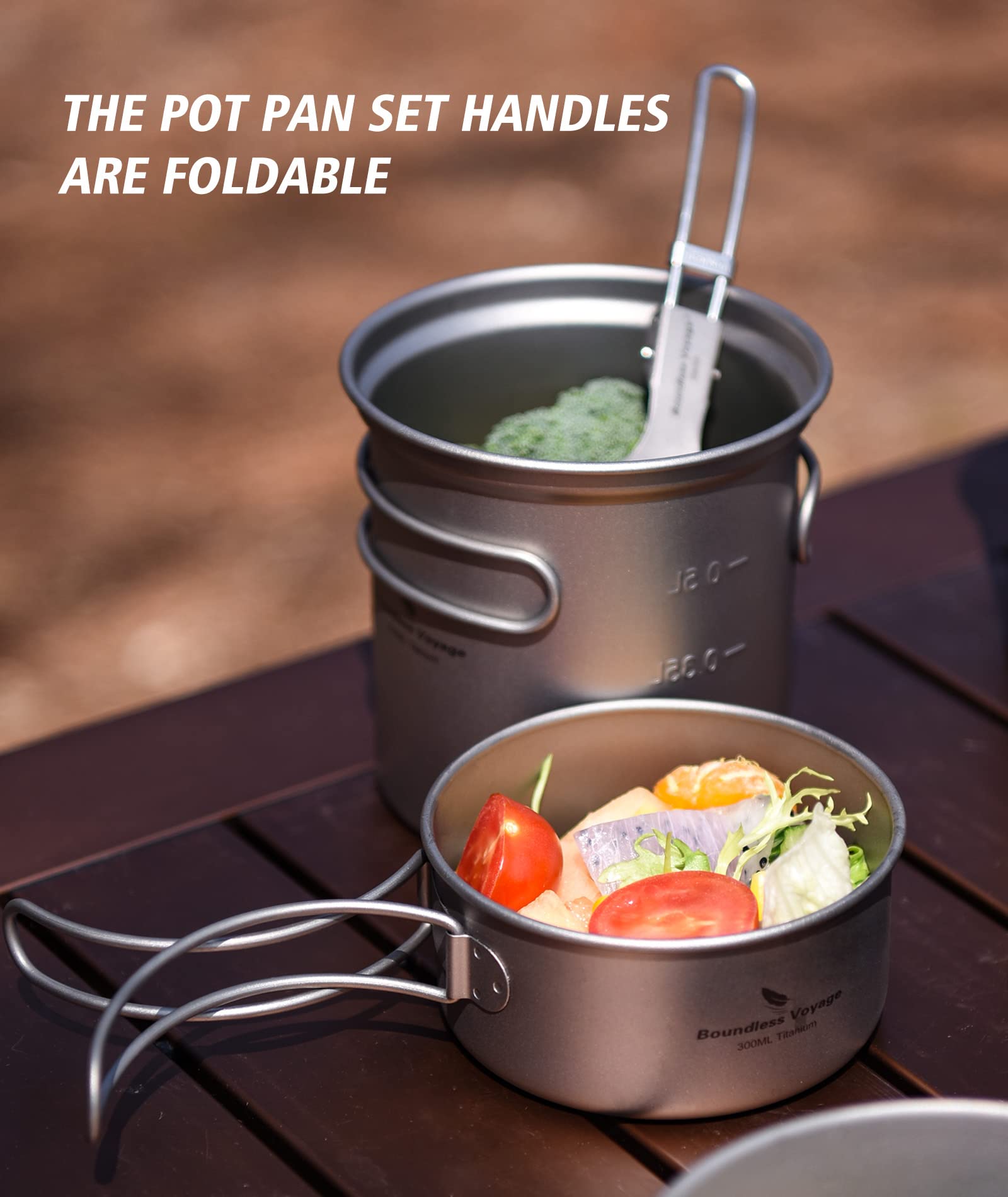 iBasingo Petit Ensemble de casseroles en Titane Ustensiles de Cuisine de Camping Ensemble de Bols légers d'extérieur Kit de Mess de Cuisine avec poignée Pliante 300 ML + 750 ML 2 pièces/Ensemble
