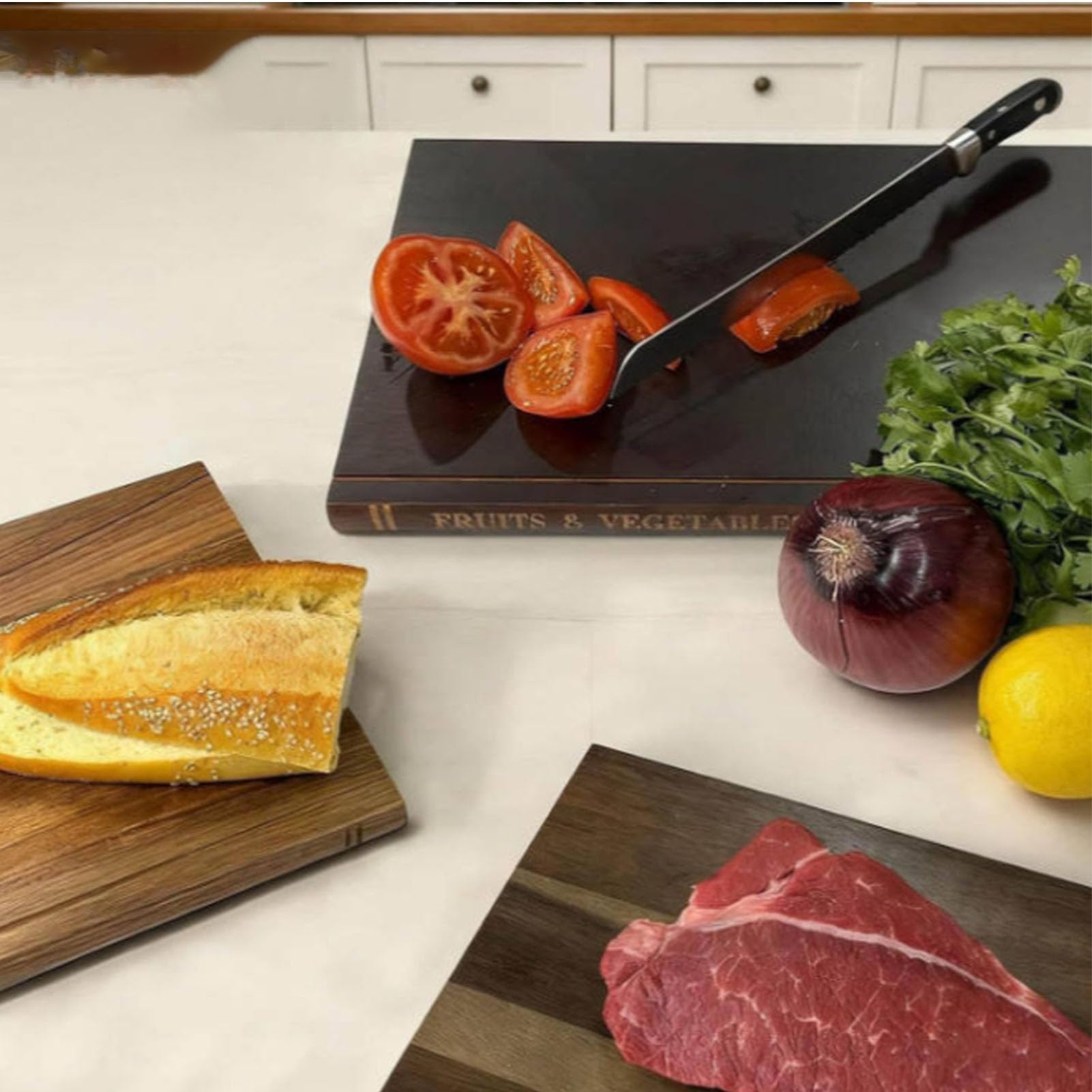 Denash 3-teiliges Buch-Schneidebrett-Set, Dekorative Holz-Schneidebretter in Buchform mit Präsentationsständer, Küchenbrett für Obst, Gemüse und Wurstwaren