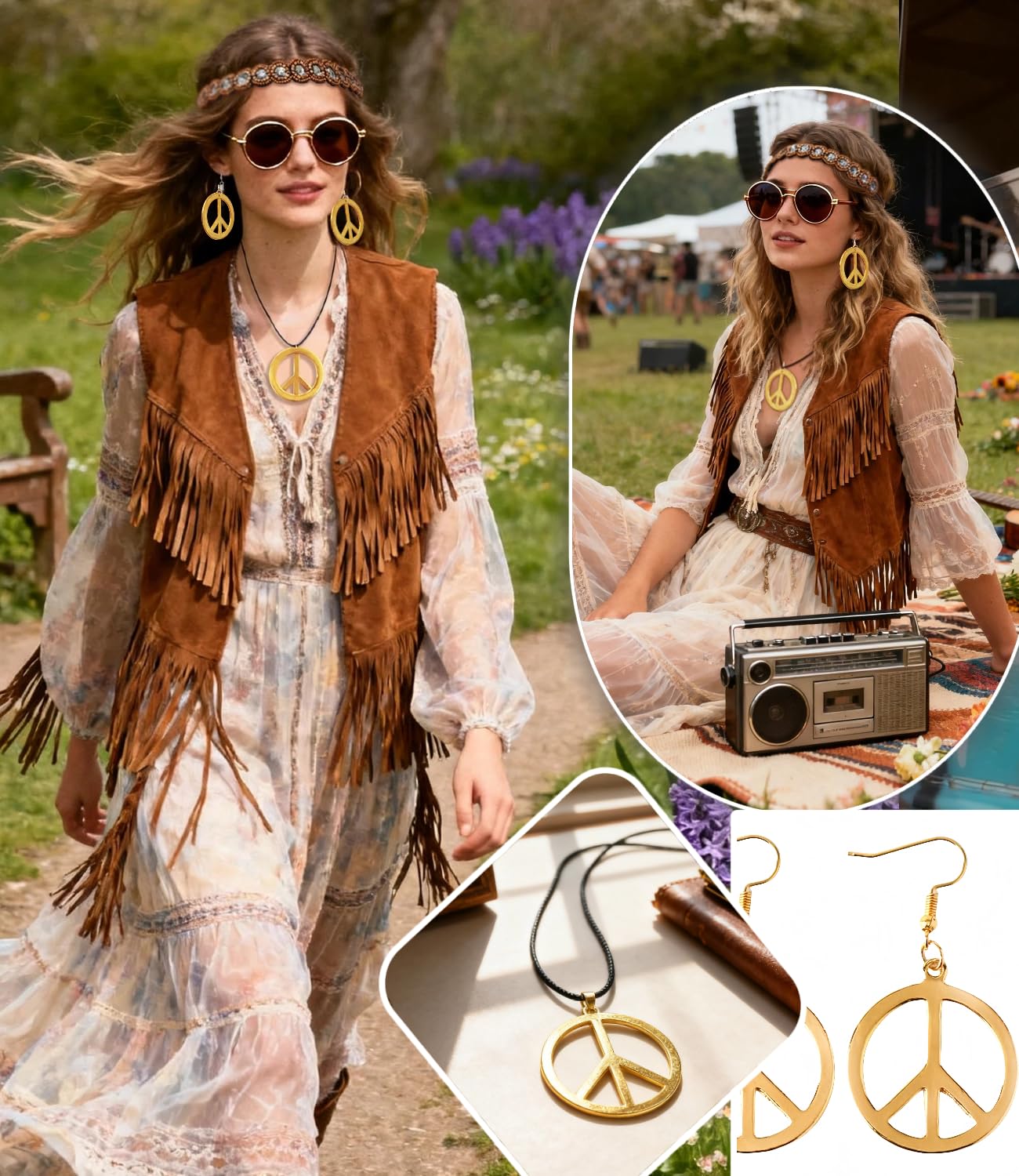 kasahara Hippie Accessoires 5 Stück Set, Hippie Kostüm Damen Kleidung, 60er 70er Jahre Bekleidung Abba Kostüm Accessoires Faschingskostüme Karneval Damen Boho Zubehör
