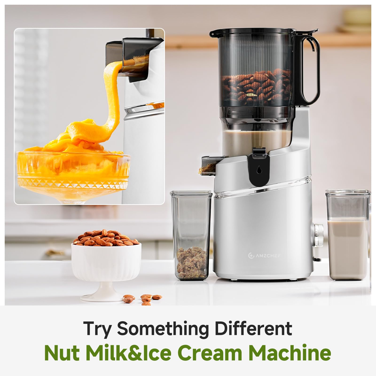 AMZCHEF 250W Automatischer All-In-One Entsafter, 145MM Öffnung und 1,8L entsafter für Gemüse und Obst, Kaltpresse Slow Juicer Testsieger mit Dreifachem Filter - Silber