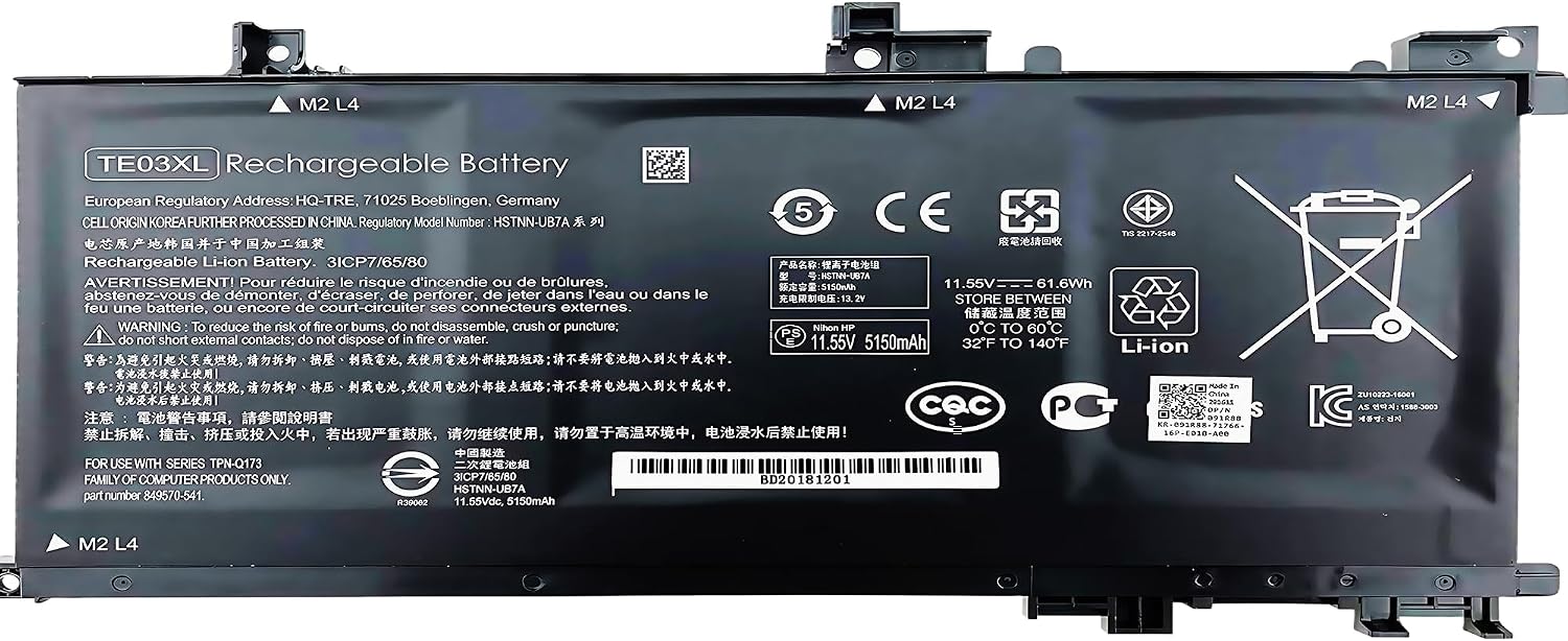 61.6Wh TE03XL Battery TE03061XL for HP Omen 15-ax000:15-ax033dx 15-ax210nr 15-ax001ns; for Pavilion 15-bc000:15-bc008tx and More 849910-850 849570-541 542 543 HSTNN-UB7A TPN-Q173-High Performance