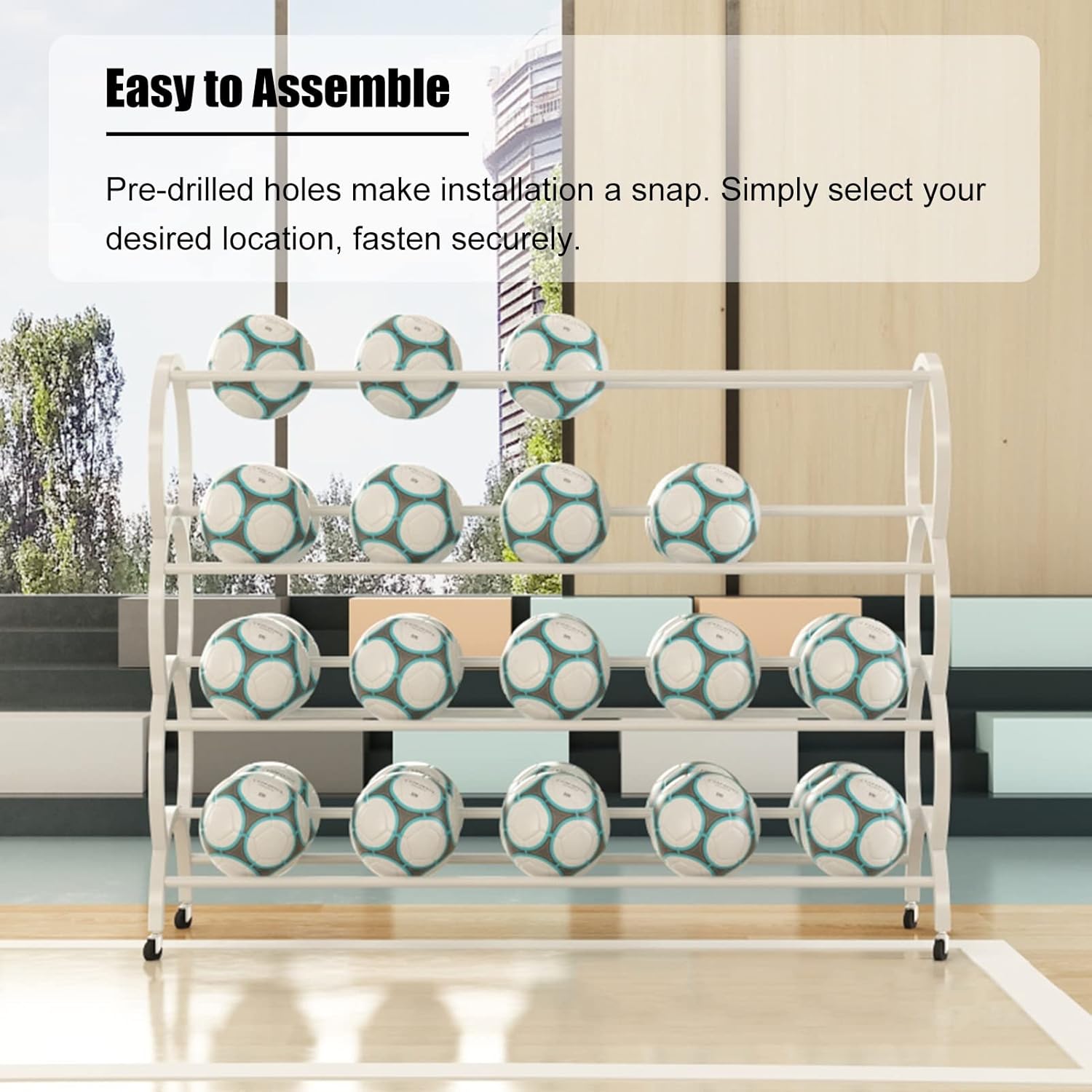 Sports Ball Storage Rack Double-Wide Ball Storage Rack Black, Rolling Basketball Cart with Lockable Wheels, 4-Tier Sports Equipment Organizer for Garage Indoor