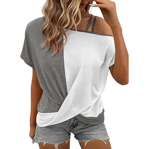 Dokotoo T Shirts for Women Twist Knot Color Block Loose Fit Cold Shoulder Tops for Women Fashion 2025