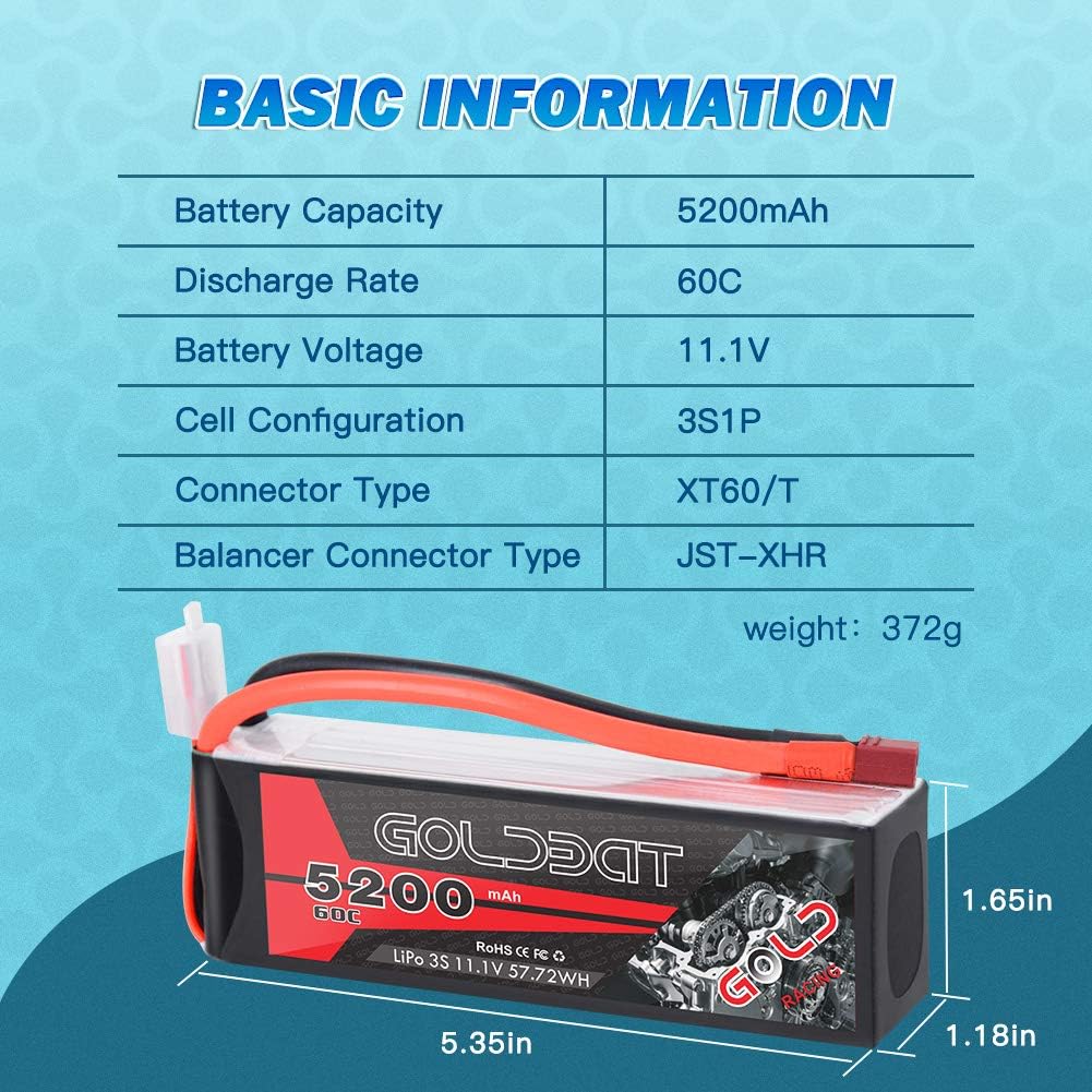GOLDBAT LiPo RC Battery 5200mAh 3S 60C 11.1V LiPo RC Short Battery with T Connector Softcase Pack for RC Car Truck Quadcopter Airplane Helicopter Boat (2 Packs)
