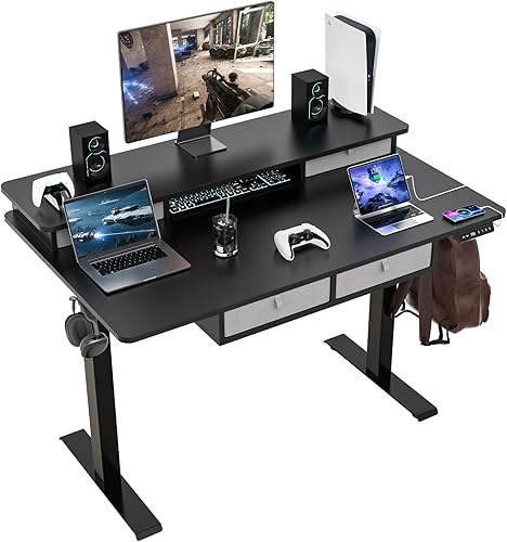 ExaDesk Escritorio eléctrico de pie ampliado de 48 x 30 pulgadas, altura ajustable con 4 cajones, estantes de almacenamiento dobles, estación de