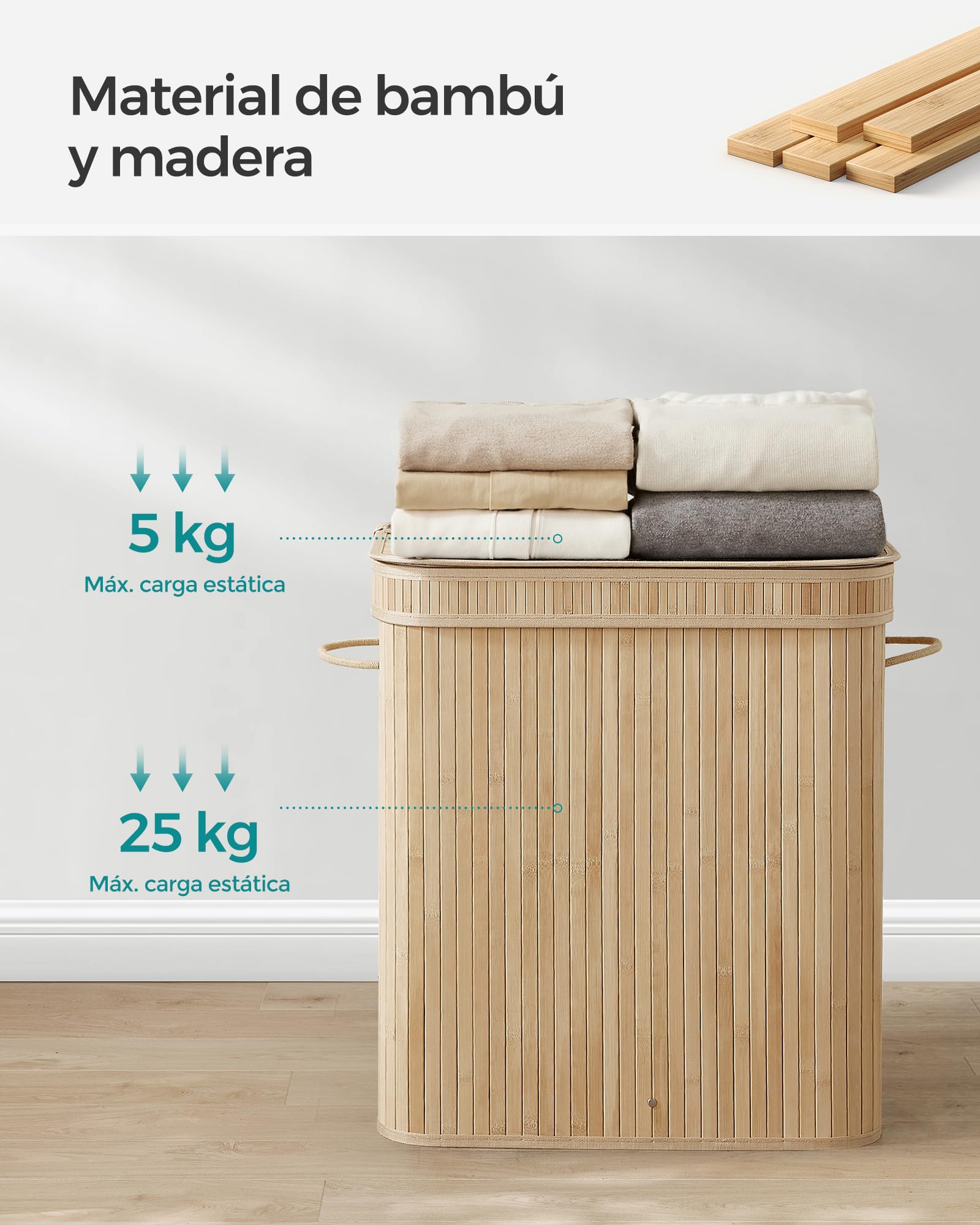 SONGMICS Cesto de lavandería con tapa, 100 L, de bambú, extraíble, lavable a máquina, con asas, para lavandería, dormitorio, baño, color natural LCB063N01