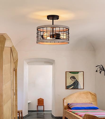 Miniatura 4 de MEIXISUE Lámpara de techo semiempotrada con acabado negro y roble, 3 luces, lámpara de techo de tambor rústico para pasillo, cocina, entrada,