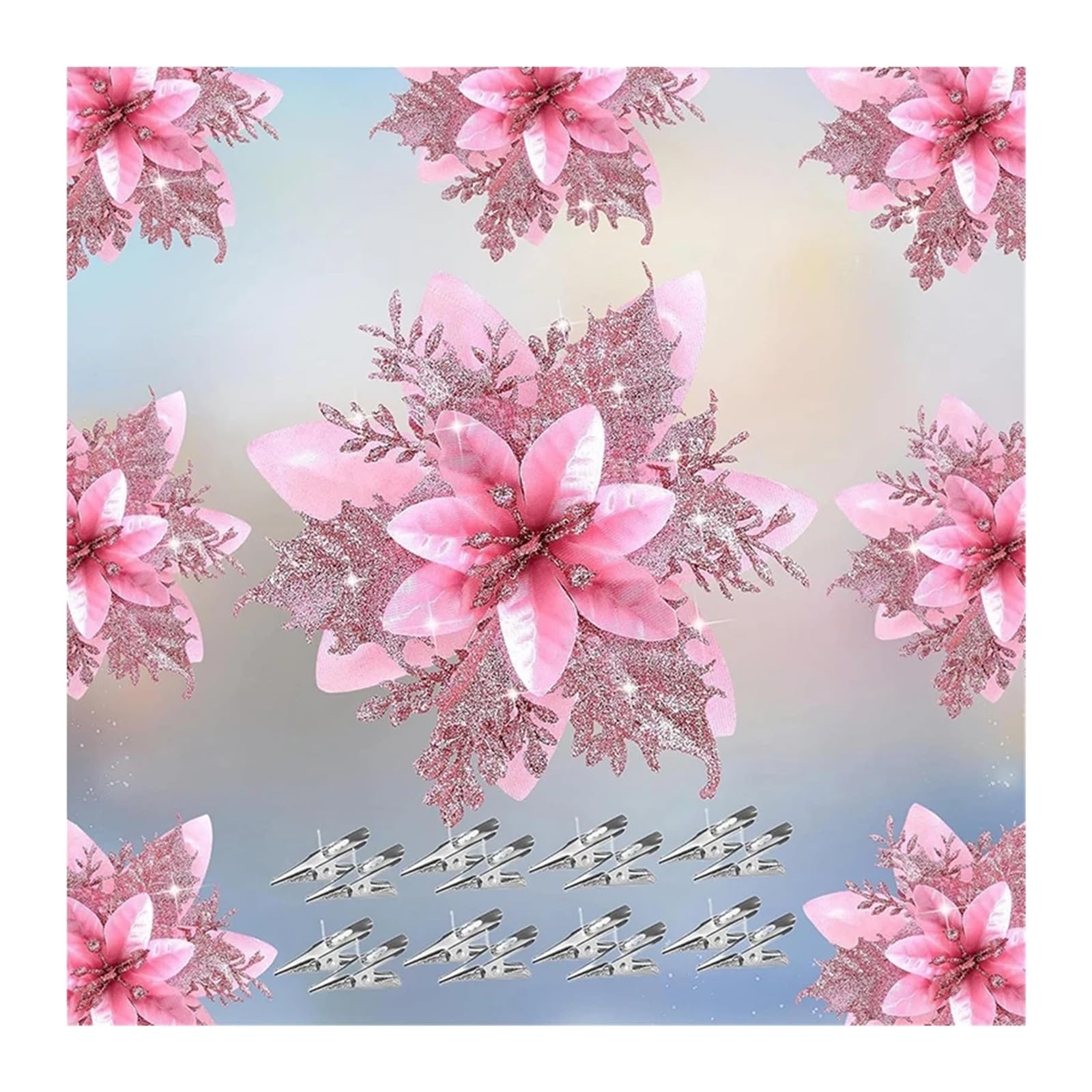 FDBTYJN Fabric Flowers 2/5Pcs 14cm Glitter Artifical Flowers Mreey Tree Decor Happy Year Ornaments Xmas Fake Natal(Pink,5Pcs)