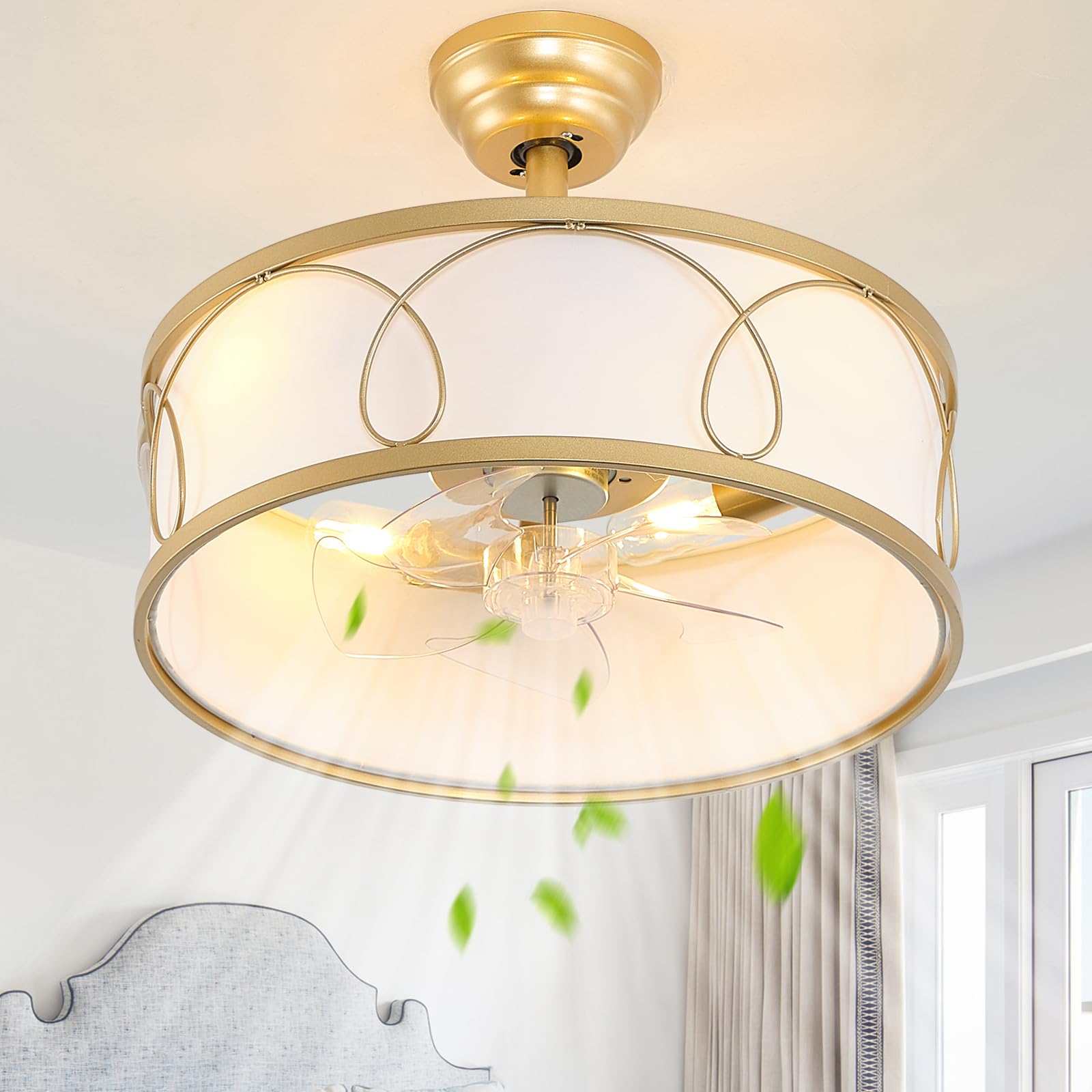 20" Gold Fandelier Ceiling Fan with Light, Fabric Boho Chandelier Ceiling Fans with Lights Remote Control, Mid-Century Modern Caged with 6 Speeds for Bedroom, Nursery (FS-BG01)