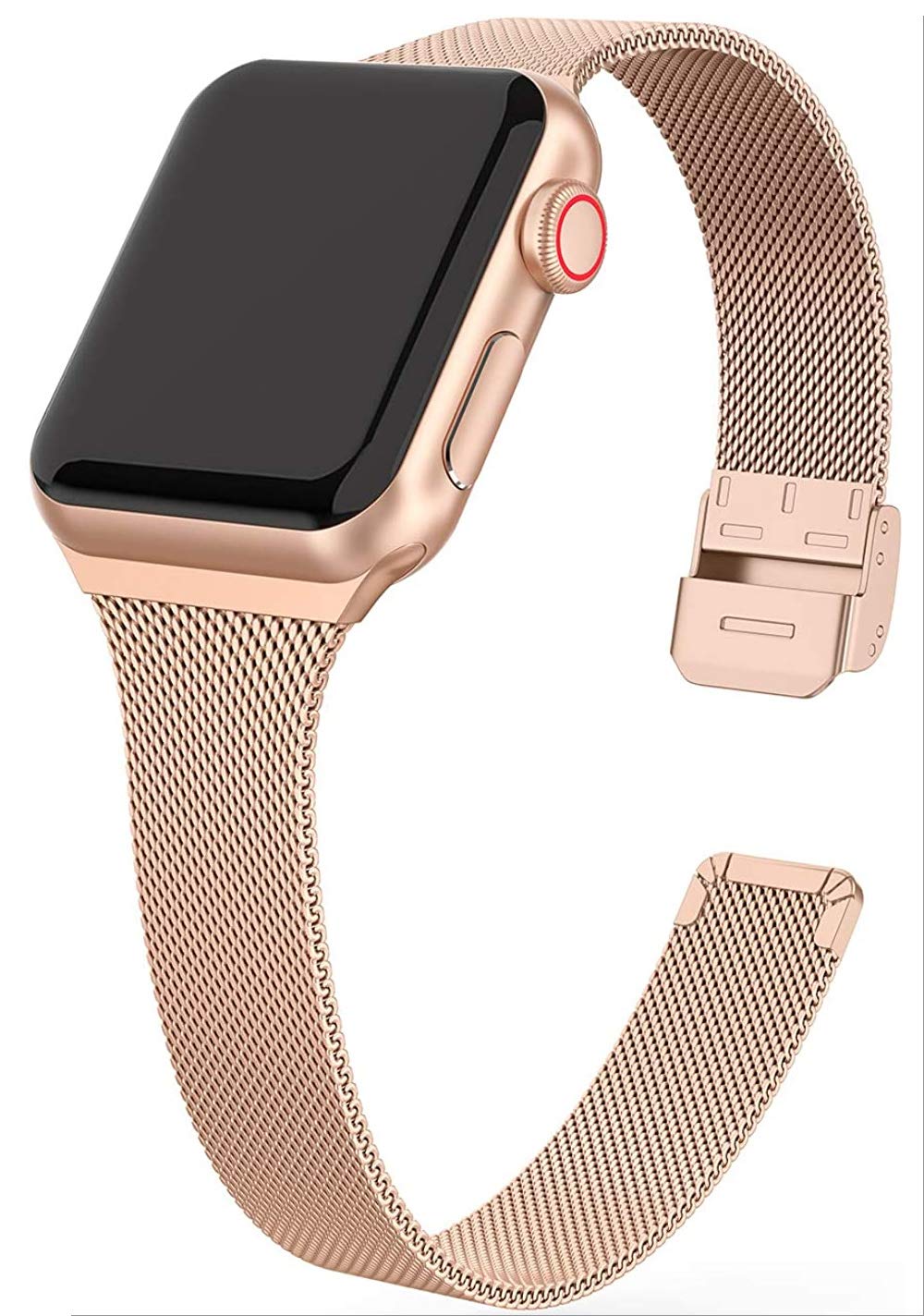 Milanese Mesh Strap Stainless Steel Narrow Band with Push Button Compatible with Apple Watch Series 7/6/SE/5/2021 (45mm/44mm,Rose Gold)