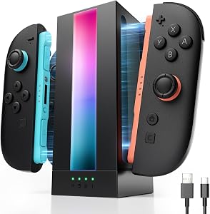 JSAUX EnergyFlow Charging Dock for Nintendo Switch 2 Joy Con Controllers, 4-in-1 RGB One-Touch Charger Station LED Indicator, Accessories with 5FT USB C Cable Compatible with Switch2 Joy Con | Charge 4 Controllers at Once, Magnetic Docking, RGB Light